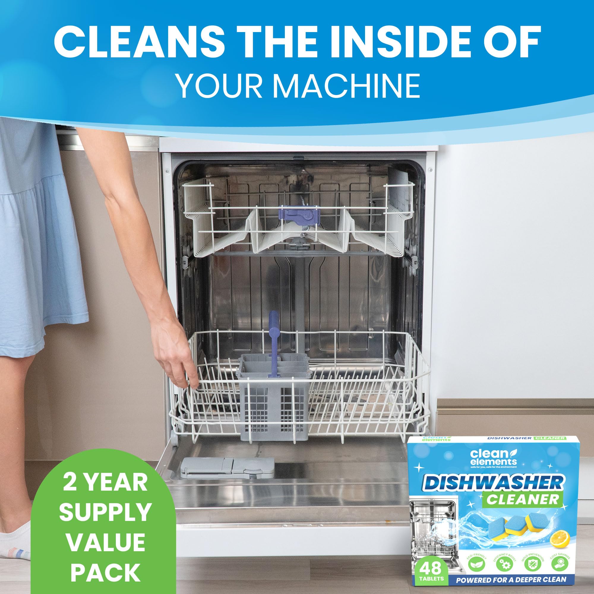 Dishwasher Cleaner Tablets & Deodorizer - 48 Pack (2 Year Supply) Deep Cleaning Descaler Pods, Removes Limescale, Hard Water, Calcium, Grease & Odor