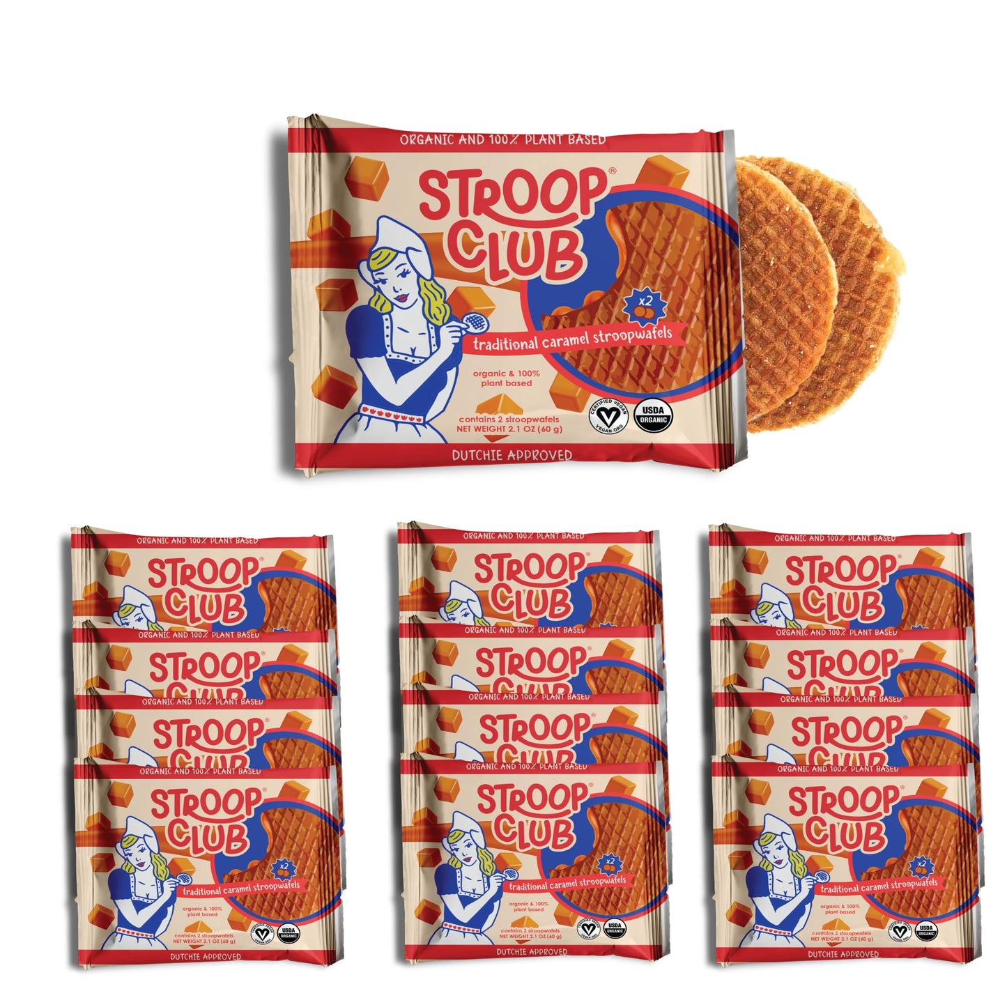 Stroop Club Traditional Organic Stroopwafel Caramel Treats | Vegan, Plant-Based and Dutch-Approved Indulgence - 24 Vegan Waffle cookies (12 Pack of 2)