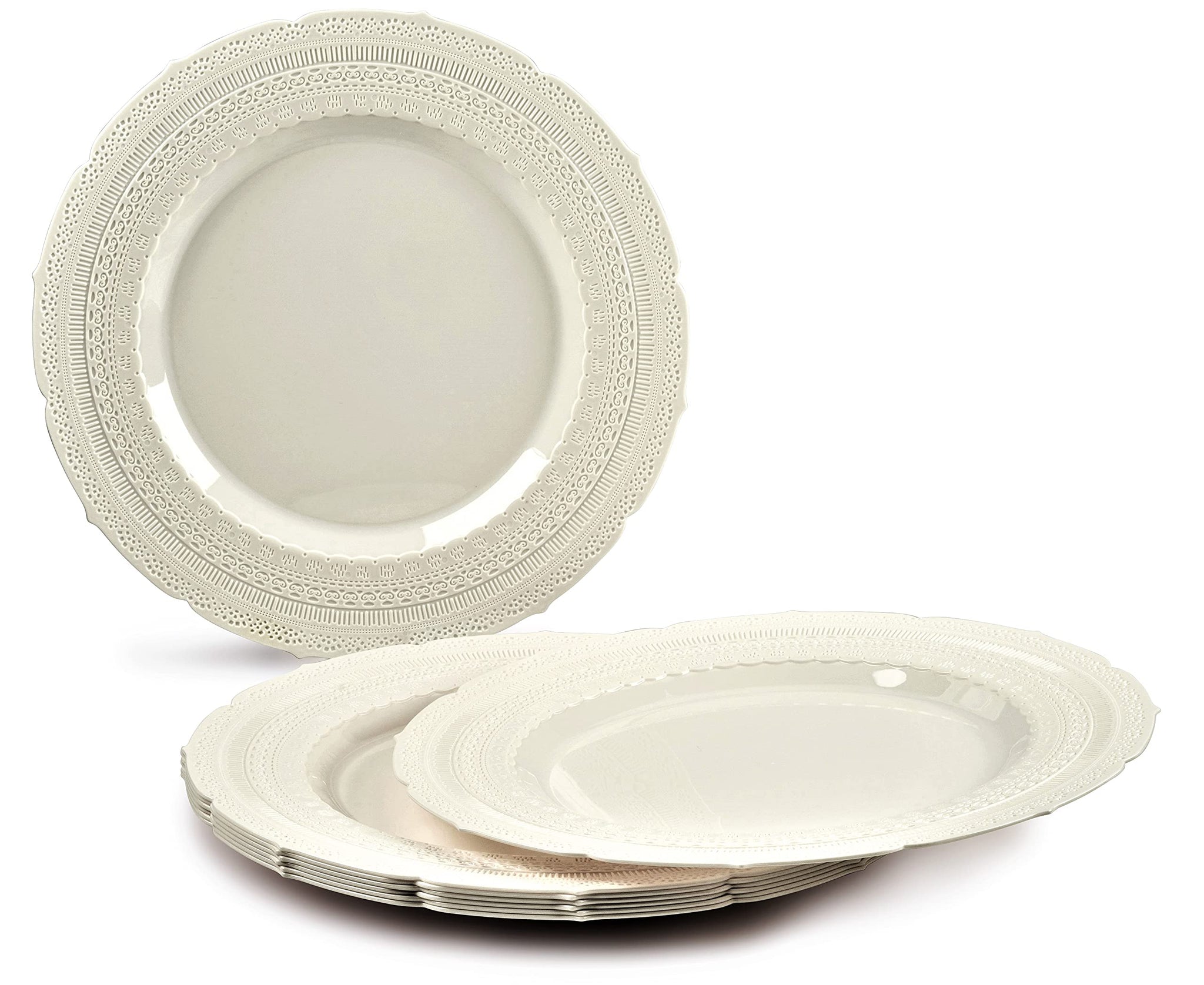 OCCASIONS 60 Guests Ivory Disposable Plastic Plates Set - 120 Piece Heavy Duty Reusable Dinnerware, Looks Like Real China, 11" Dinner & 8.25" Dessert