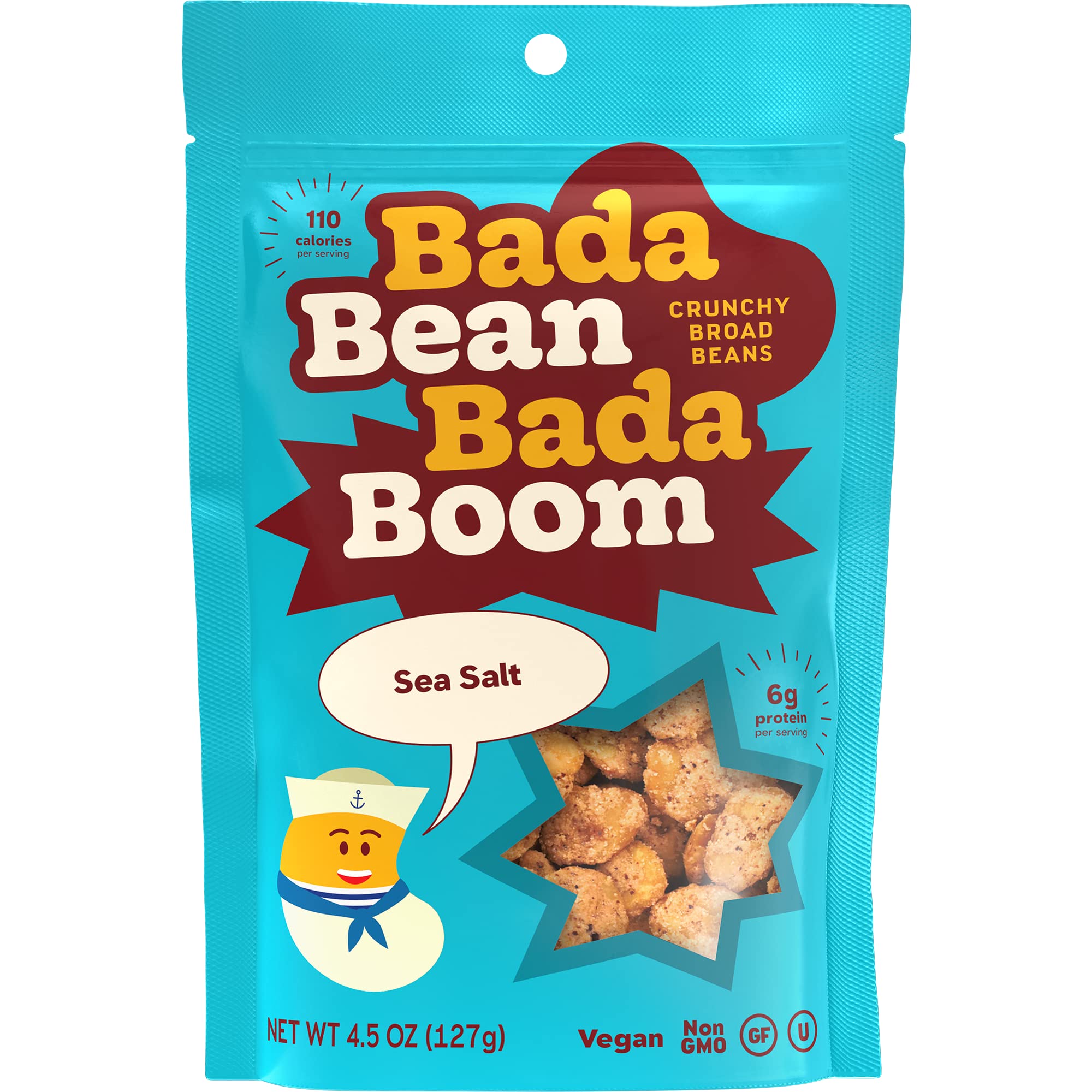 Bada Bean Bada Boom - Plant-Based Protein, Gluten Free, Vegan, Crunchy Roasted Broad (Fava) Bean Snacks, 100 Calories per Serving, Sea Salt, 4.5 Ounce