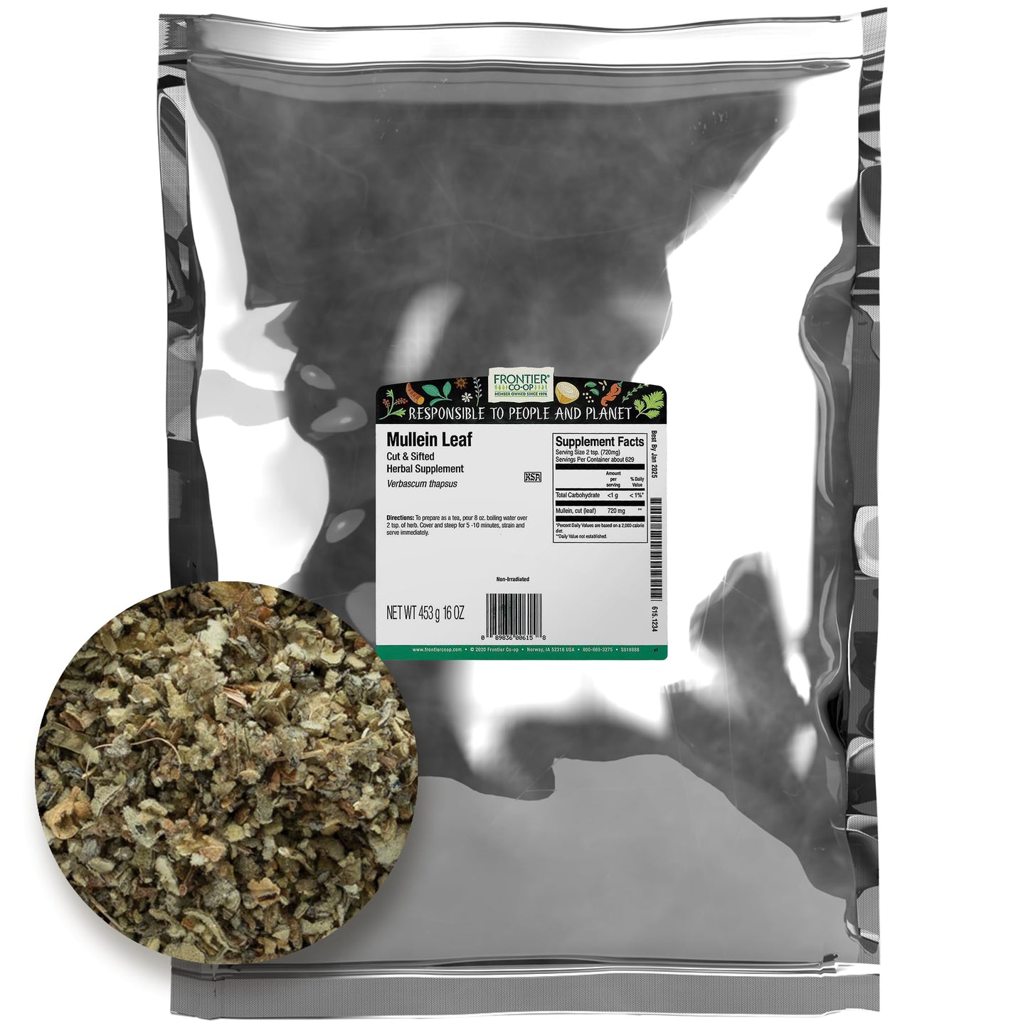Frontier Co-op Mullein Leaf, Cut and Sifted - Dried Mullein Leaves, Ideal for Loose Leaf Tea, Tea Bags, Gummies, Extract, Capsules - Kosher | 16 Ounce