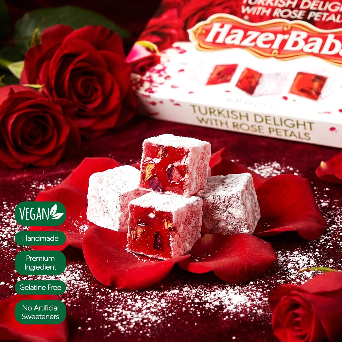 Hazer Baba Turkish Delight Candy with Rose Petals, 16oz (Pack of 1), Gourmet Snack Box, Traditional, Vegan Snack, Turkish Lokum, Unique Sweets