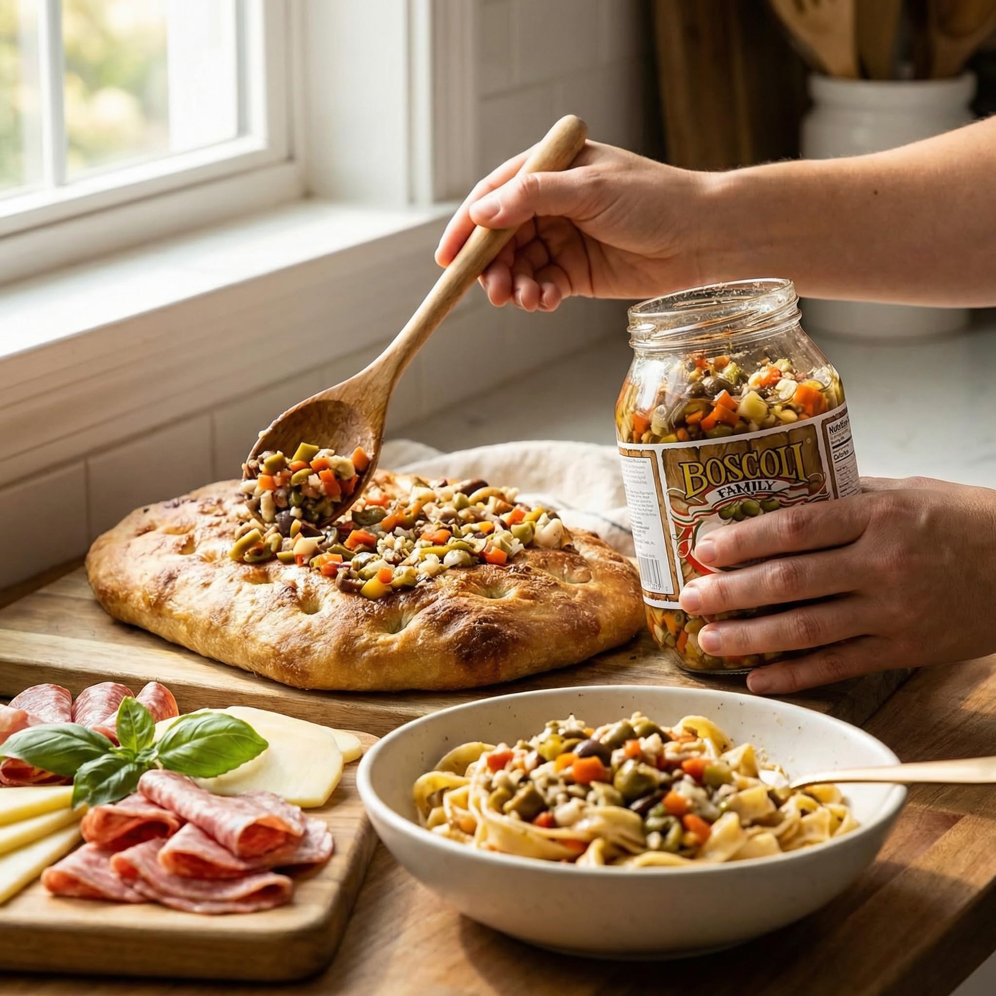 Boscoli Olive Salad - 32 oz Jars - 1 Pack Family Size Salad Olives - Boscoli Italian Mix - Olive Muffalata for Family Salads - with bag clips