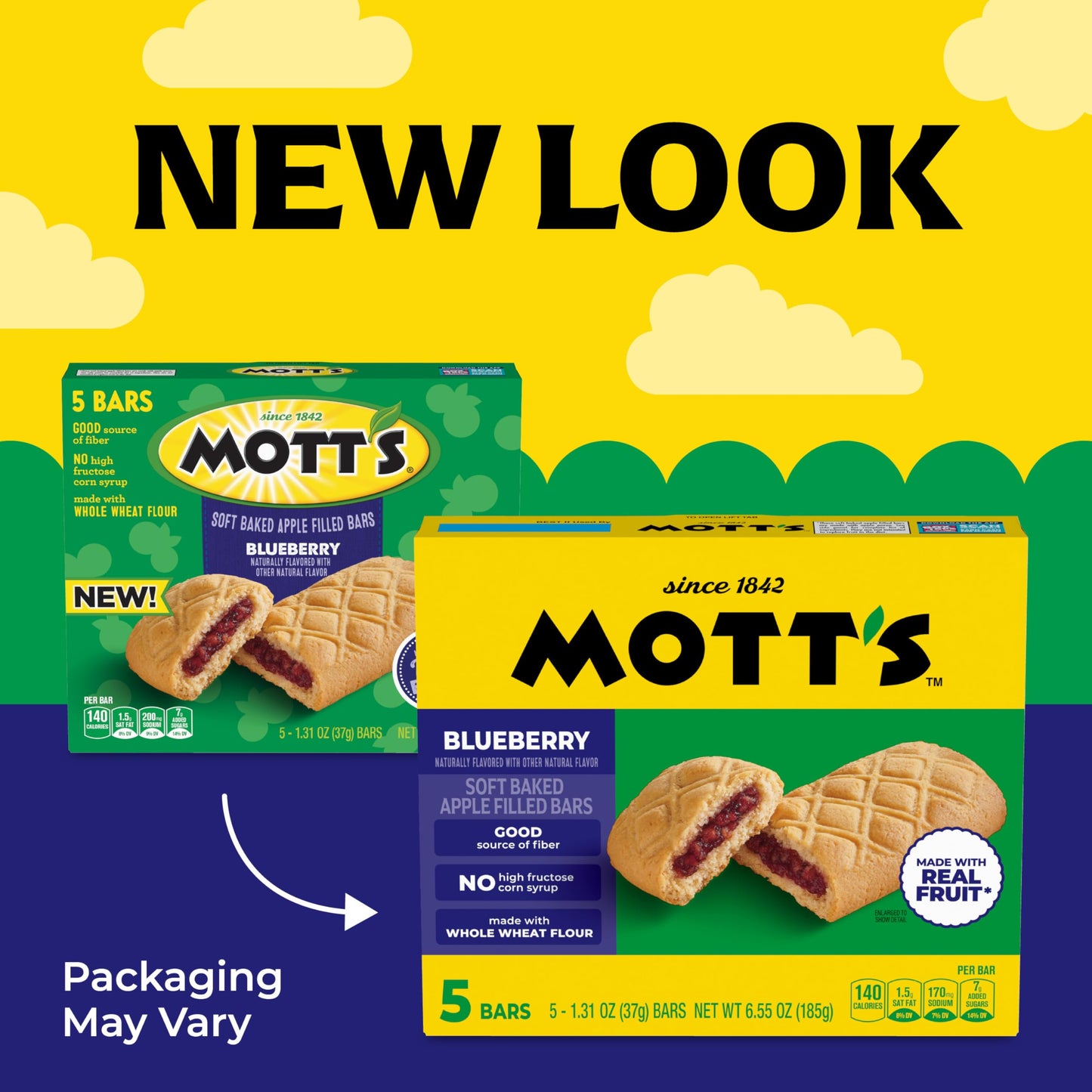 Mott's Soft Baked Apple Filled Bars, Blueberry Flavor Snacks, Made with Real Fruit, 5 Ct, 6.55 oz