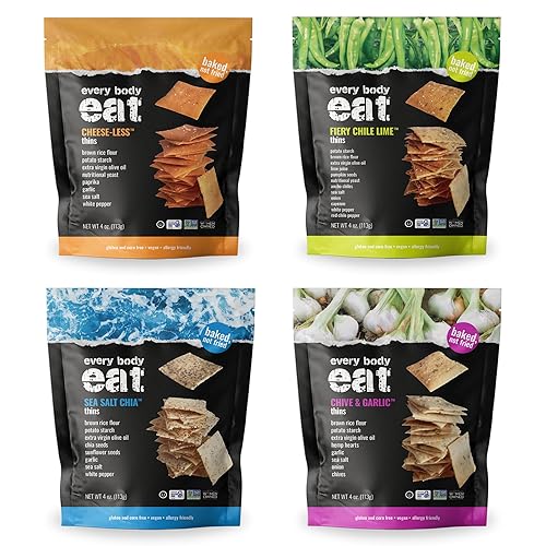 Every Body Eat Gluten Free Crackers Variety Pack - Healthy Vegan Snacks, Dairy Free, Seed Oil Free Snack Crackers (Pack of 4), 4 oz Bags