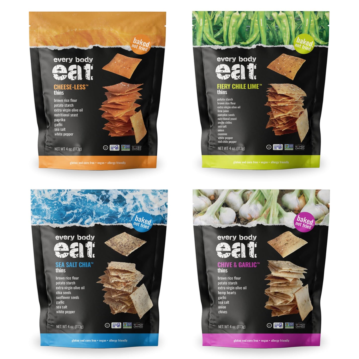 Every Body Eat Gluten Free Crackers Variety Pack - Healthy Vegan Snacks, Dairy Free, Seed Oil Free Snack Crackers (Pack of 4), 4 oz Bags