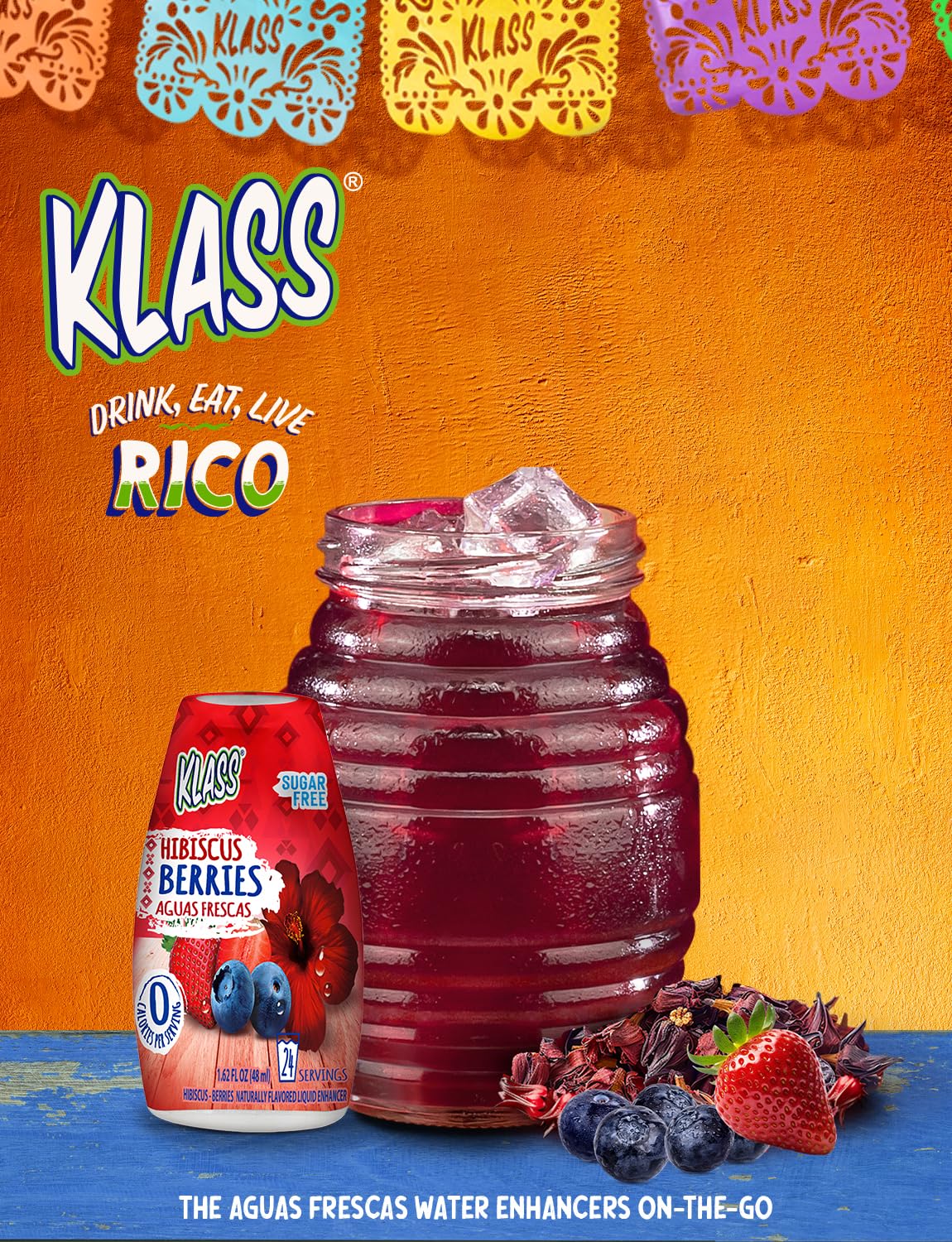 Klass Aguas Frescas | Liquid Water Enhancer | Hibiscus Berries | Naturally Flavored | Sugar Free | Zero Calories Per Serving | Keto | 4 Bottles, Makes