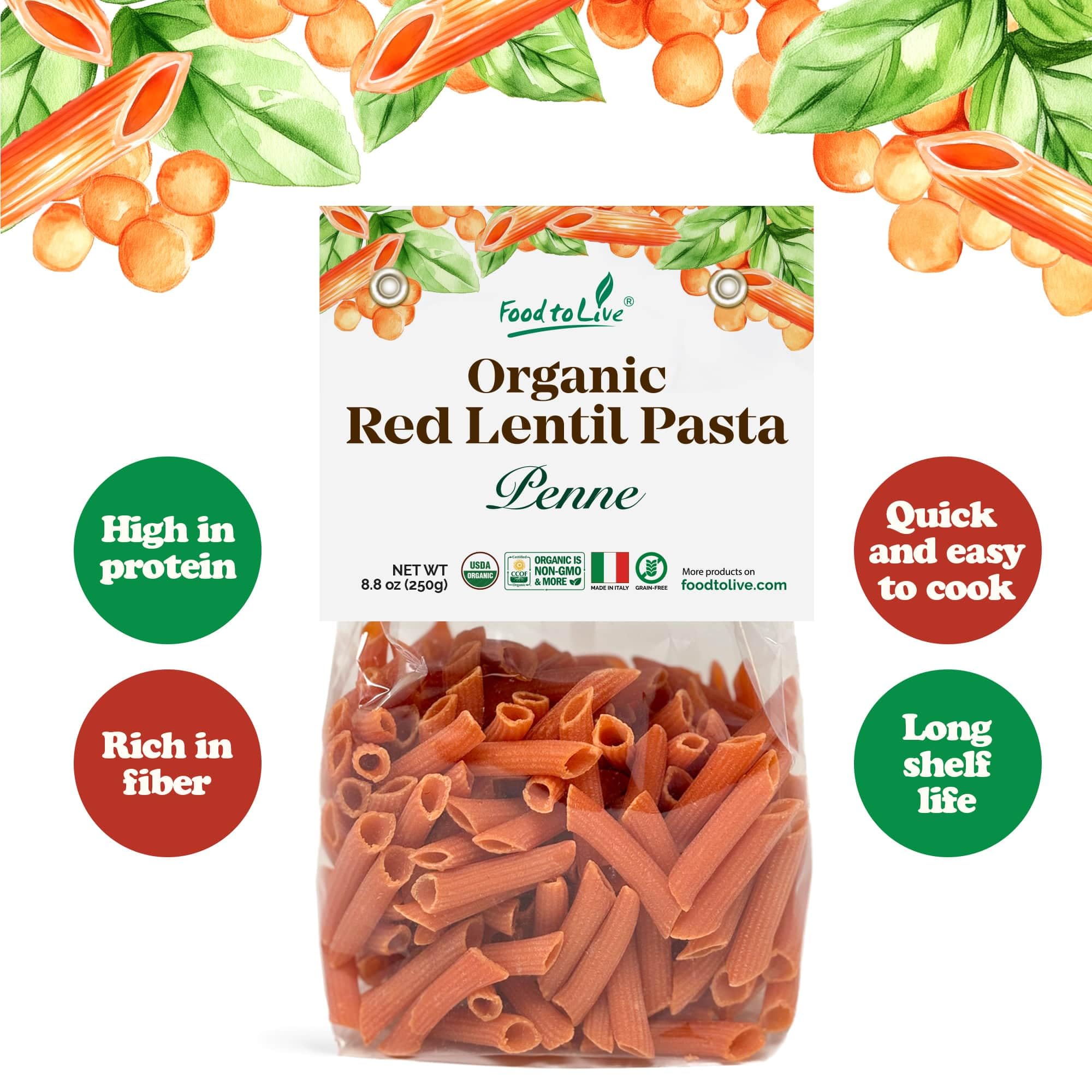 Food to Live Organic Red Lentil Penne Pasta, 8.8 OZ (Pack of 2) - Non-GMO, Single Ingredient. No Additives. No Major Allergens. Good Source of Plant