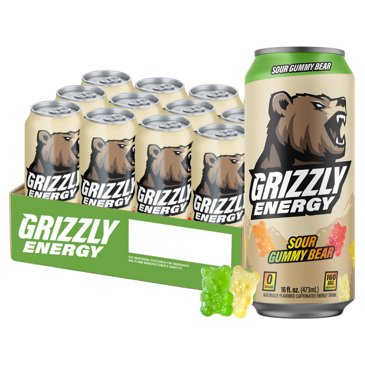 GRIZZLY Energy Drink, Root Beer, 160mg Caffeine, Zero Sugar, 16oz 12pk