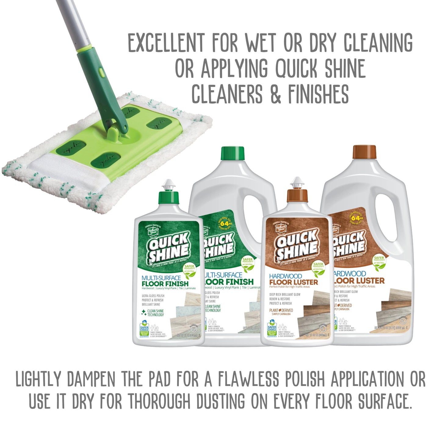 Quick Shine Multi Surface Floor Clean + Polish Mop Kit w/ 3 Reusable Pads & 1-16 oz. Floor Finish | Use Wet + Dry | Hardwood, Luxury Vinyl Plank