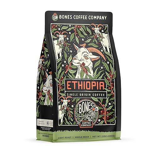 Bones Coffee Company Ethiopia Single-Origin, Citrus, Floral and Berries Notes, Whole Coffee Beans, Low Acid Medium Roast Arabica Beans Flavored