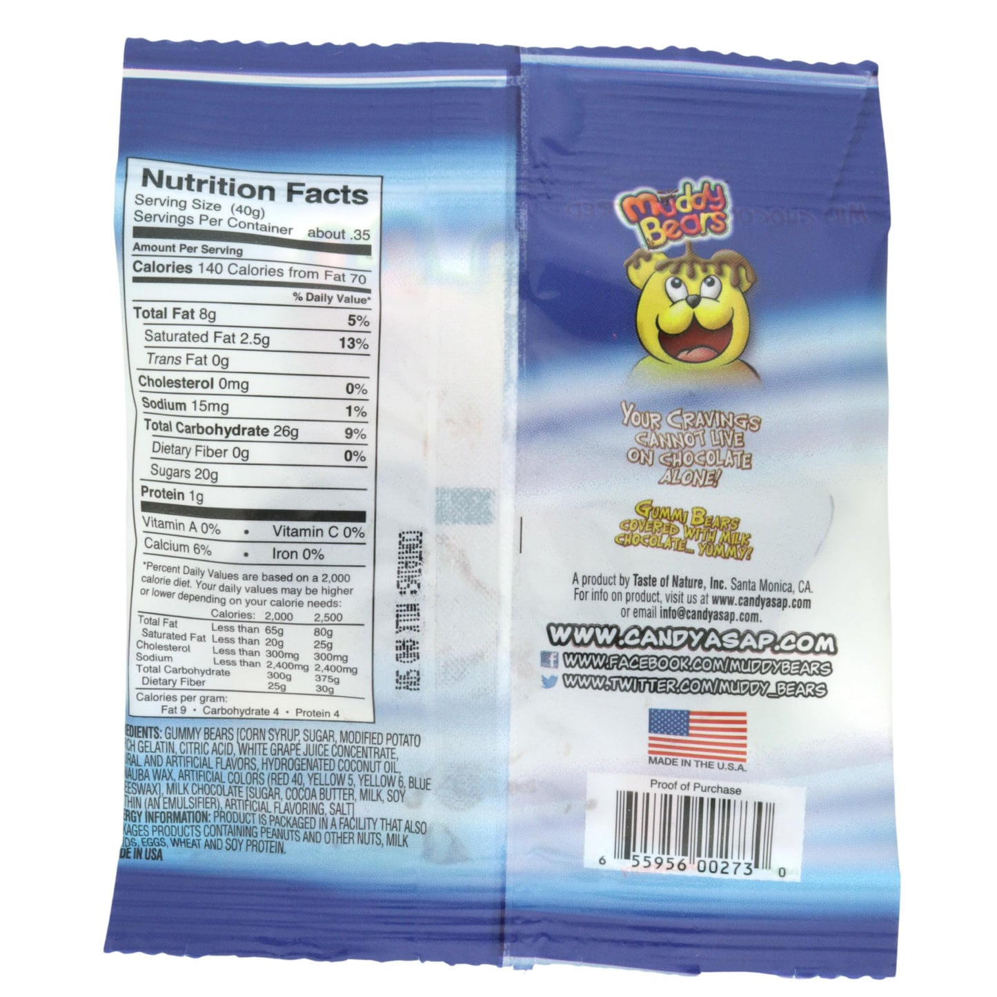 Muddy Bears Chocolate Covered Gummies, Assorted Fruit Flavors, Mini Individual Bags, Party Favor Candy, 20 Count