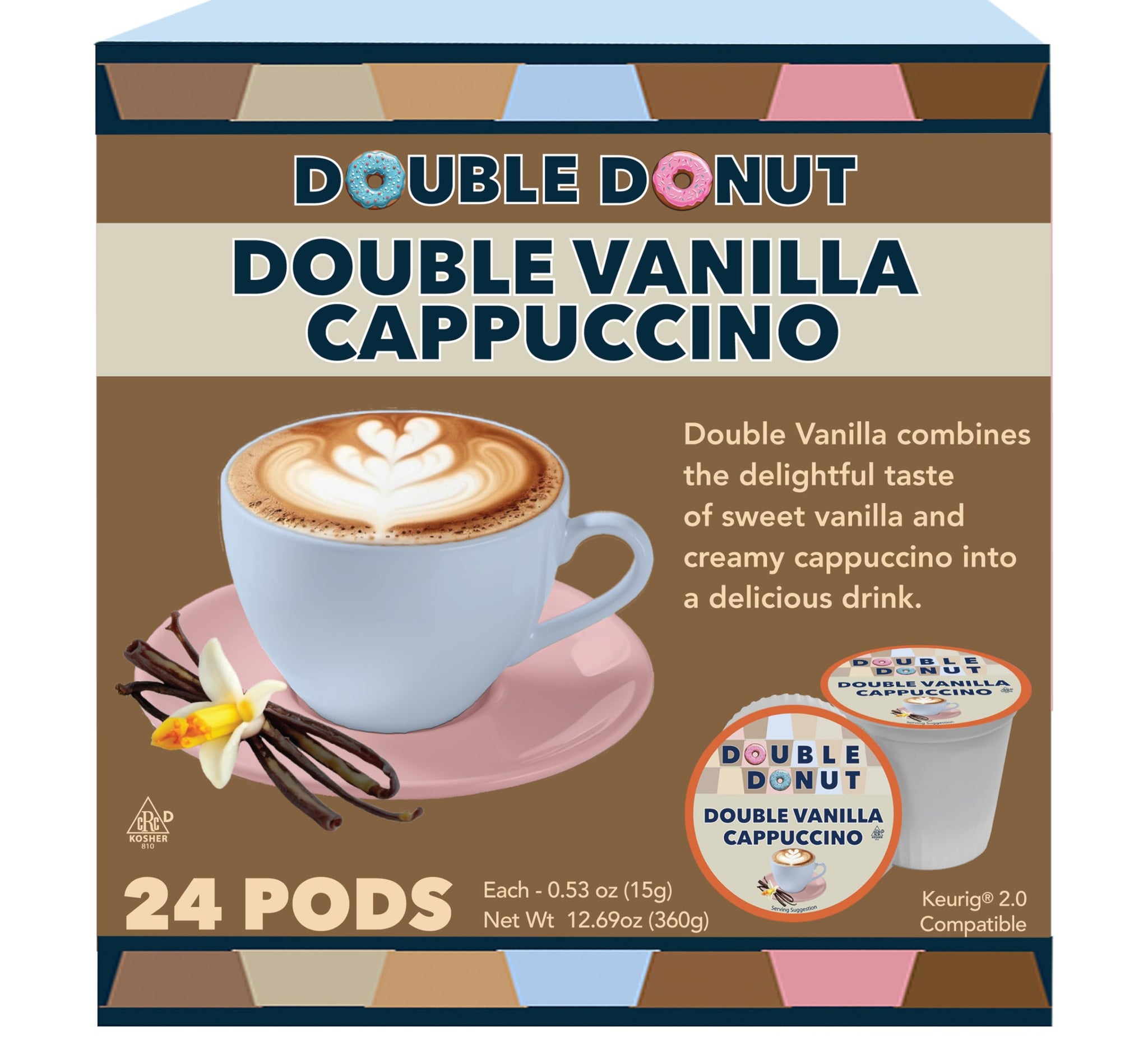 Double Donut Coffee Double Vanilla Cappuccino Pods, 24 Single Serve Cups For Keurig K Cup Brewers In Recyclable Pods