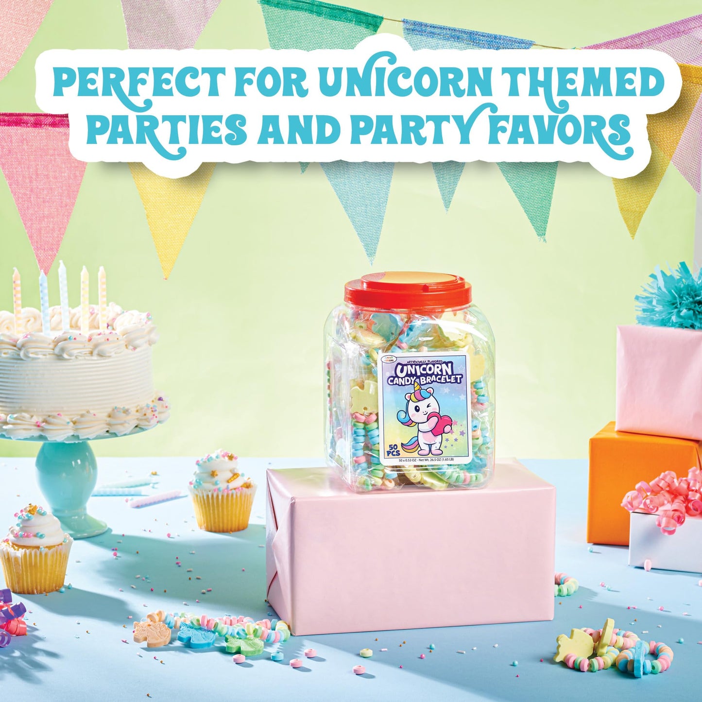 50 Unicorn Candy Bracelets, Individually Wrapped Candy Jewelry for your Unicorn Themed Party, Bulk Candy Perfect for Goody Bags, Party Favors