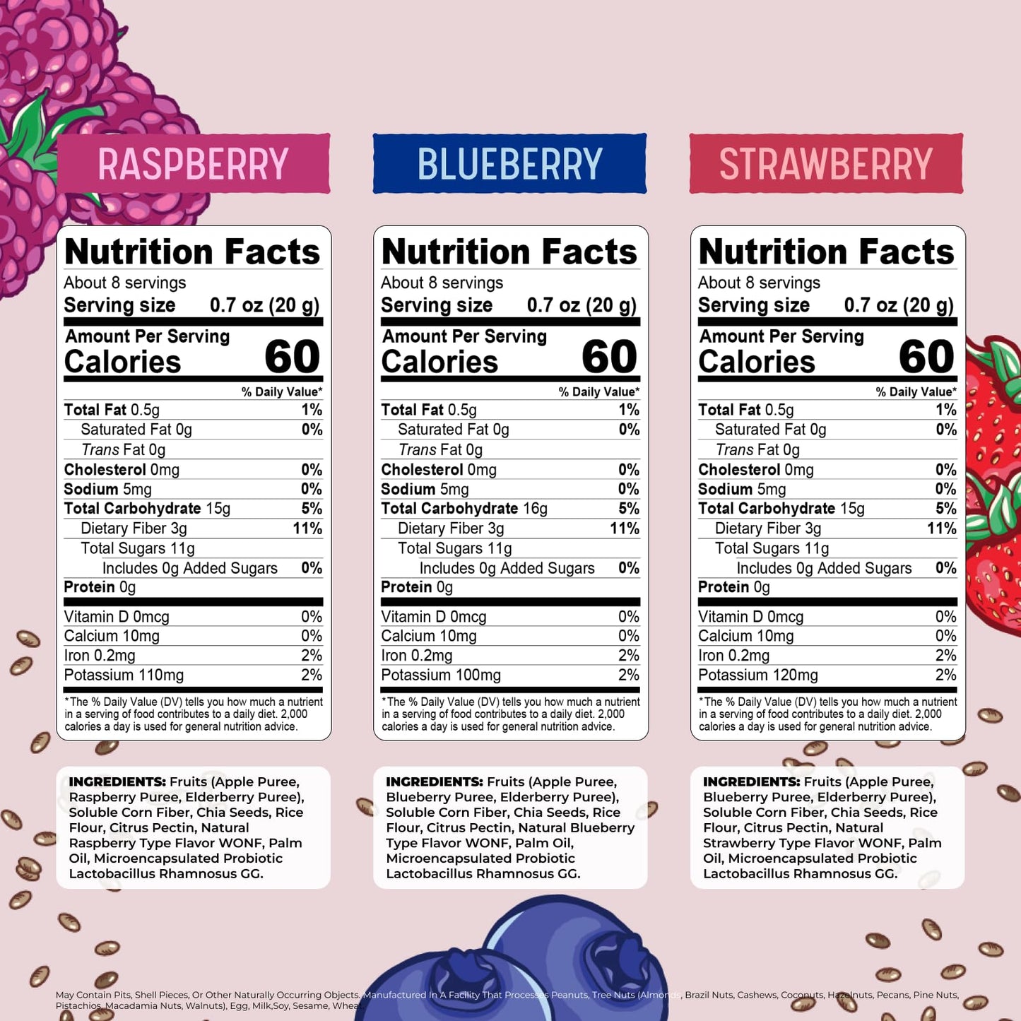 Nature's Garden Probiotic Fruichias Variety Pack - 24 Pack x 0.7oz, Probiotic Fruit Snack with Chia Seeds, Strawberry, Blueberry, Raspberry , No Sugar