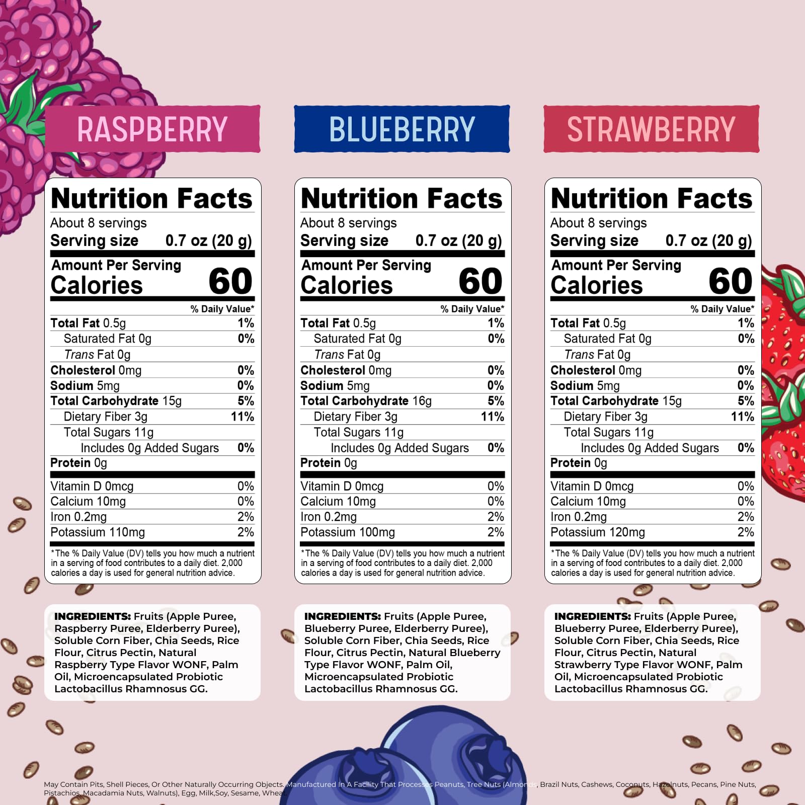 Nature's Garden Probiotic Fruichias Variety Pack - 24 Pack x 0.7oz, Probiotic Fruit Snack with Chia Seeds, Strawberry, Blueberry, Raspberry , No Sugar