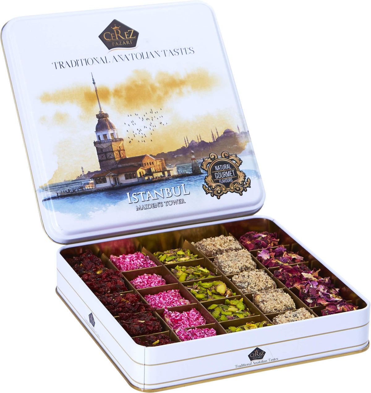 Cerez Pazari Turkish Delight In 4 Flavours, With Pistachio, Hazelnut & Walnut, Assorted Gourmet Lokum In Elegant Tin Gift Box, Sweet Traditional Soft