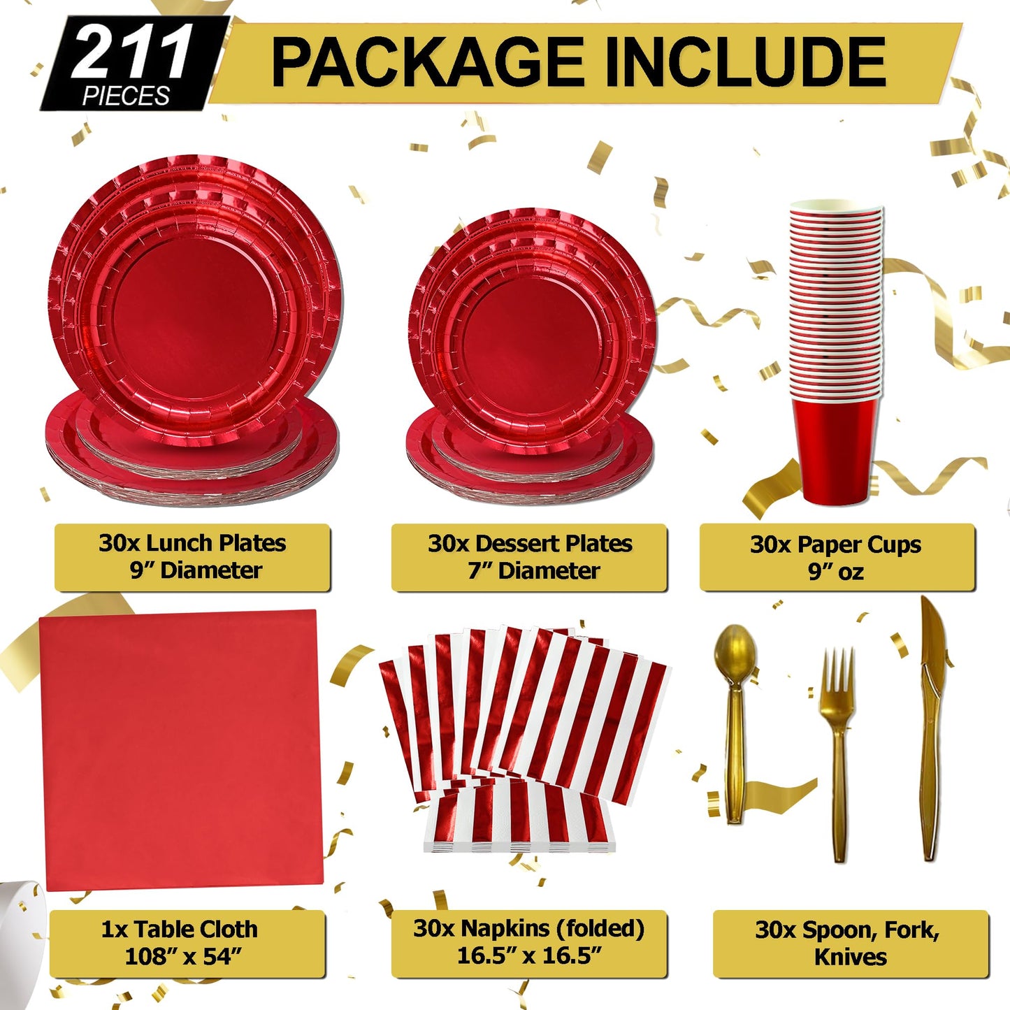 Jubi 211pcs Shiny Red Plates and Napkins Party Supplies for 30 Guests - Shiny Red Party Plates, Cups, Cutleries, and Napkins Set with Tablecloth