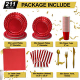 Jubi 211pcs Shiny Red Plates and Napkins Party Supplies for 30 Guests - Shiny Red Party Plates, Cups, Cutleries, and Napkins Set with Tablecloth