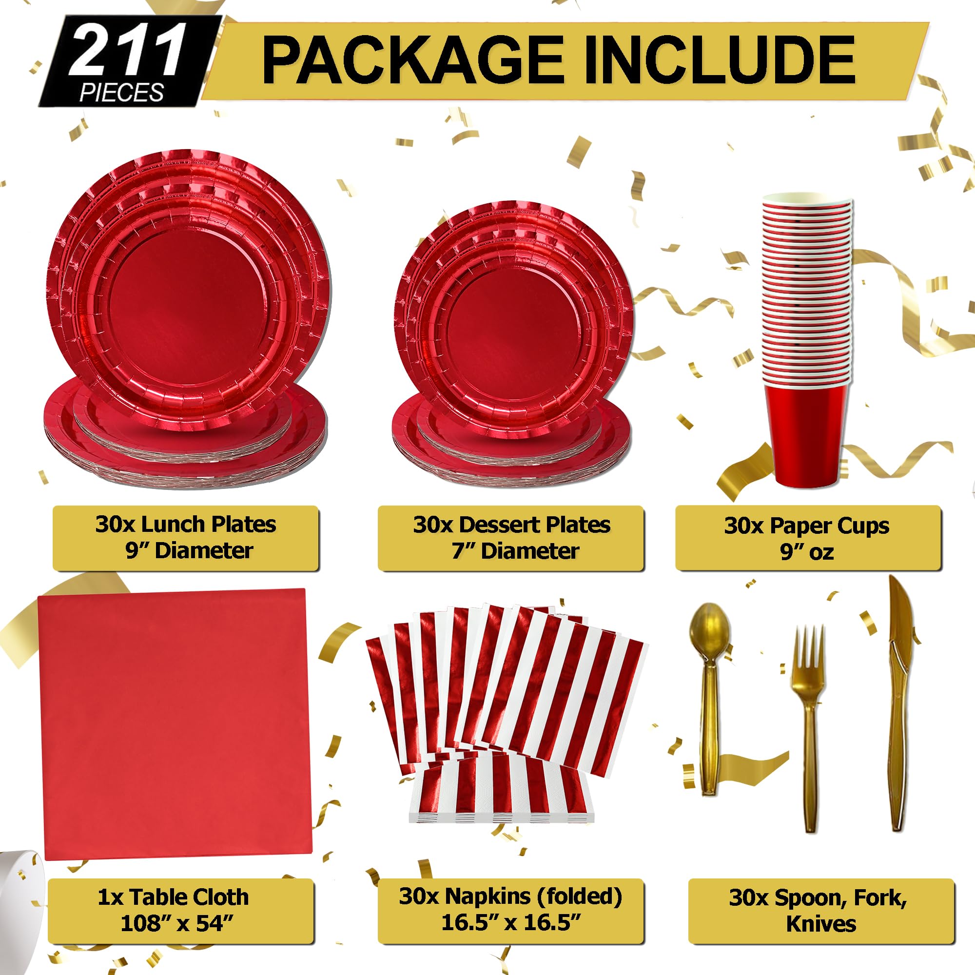 Jubi 211pcs Shiny Red Plates and Napkins Party Supplies for 30 Guests - Shiny Red Party Plates, Cups, Cutleries, and Napkins Set with Tablecloth