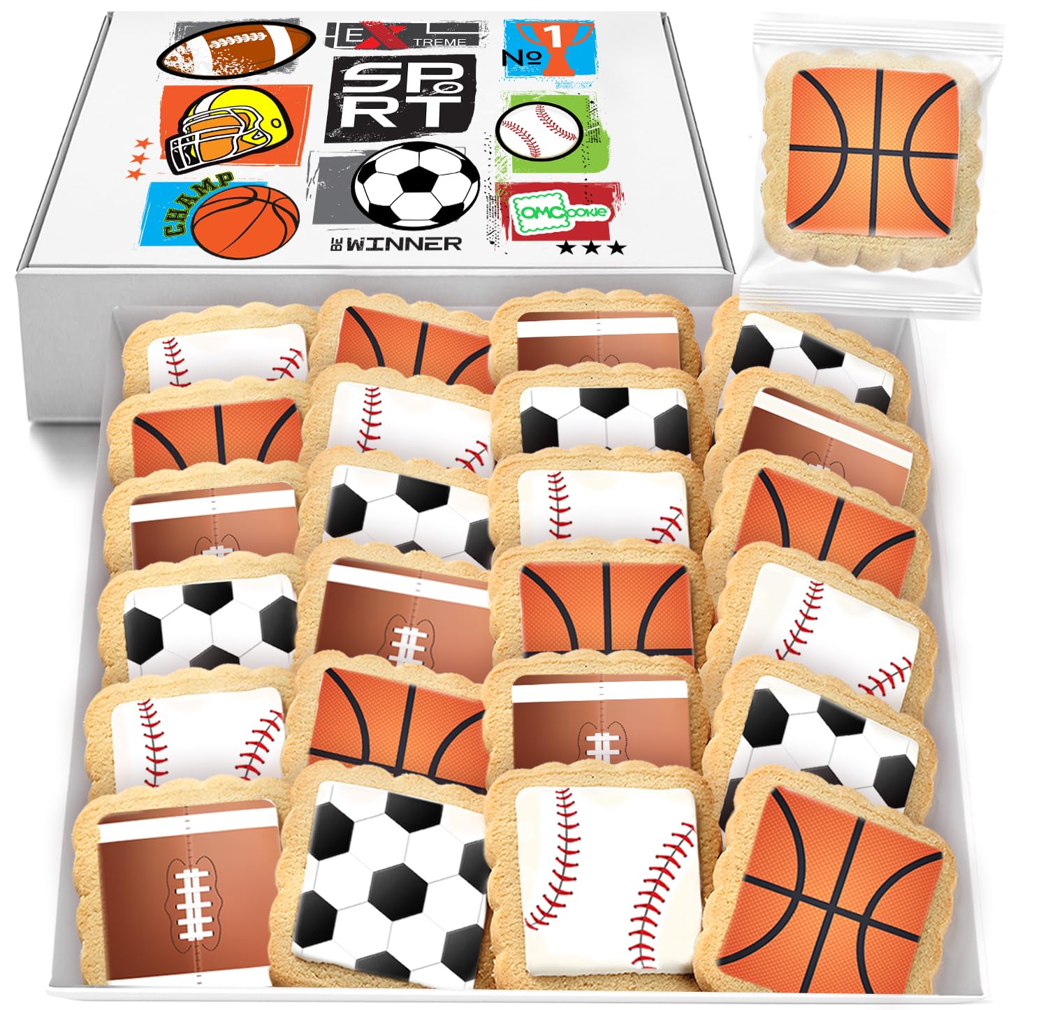 Sports themed Cookies Individually Wrapped Theme Candy Party Favors 24 Pack Bulk for Kids Game League Birthday Party Soccer Football Basketball