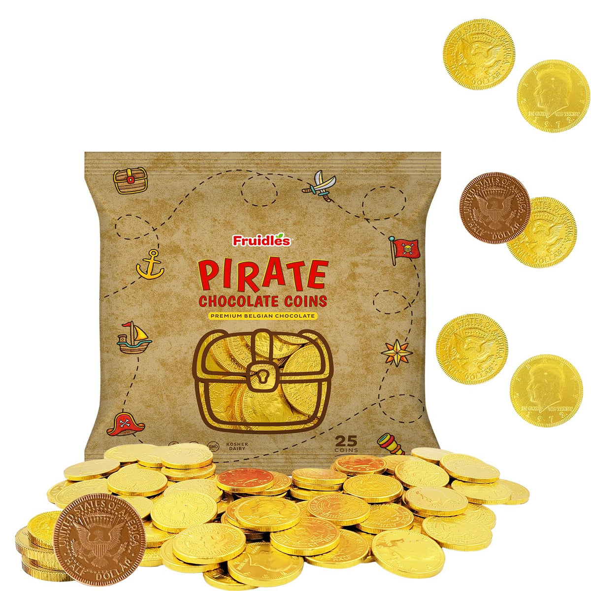 Fruidles Pirate Belgian Milk Chocolate Coins, Kosher Certified Dairy, Non GMO (Pack of 25)