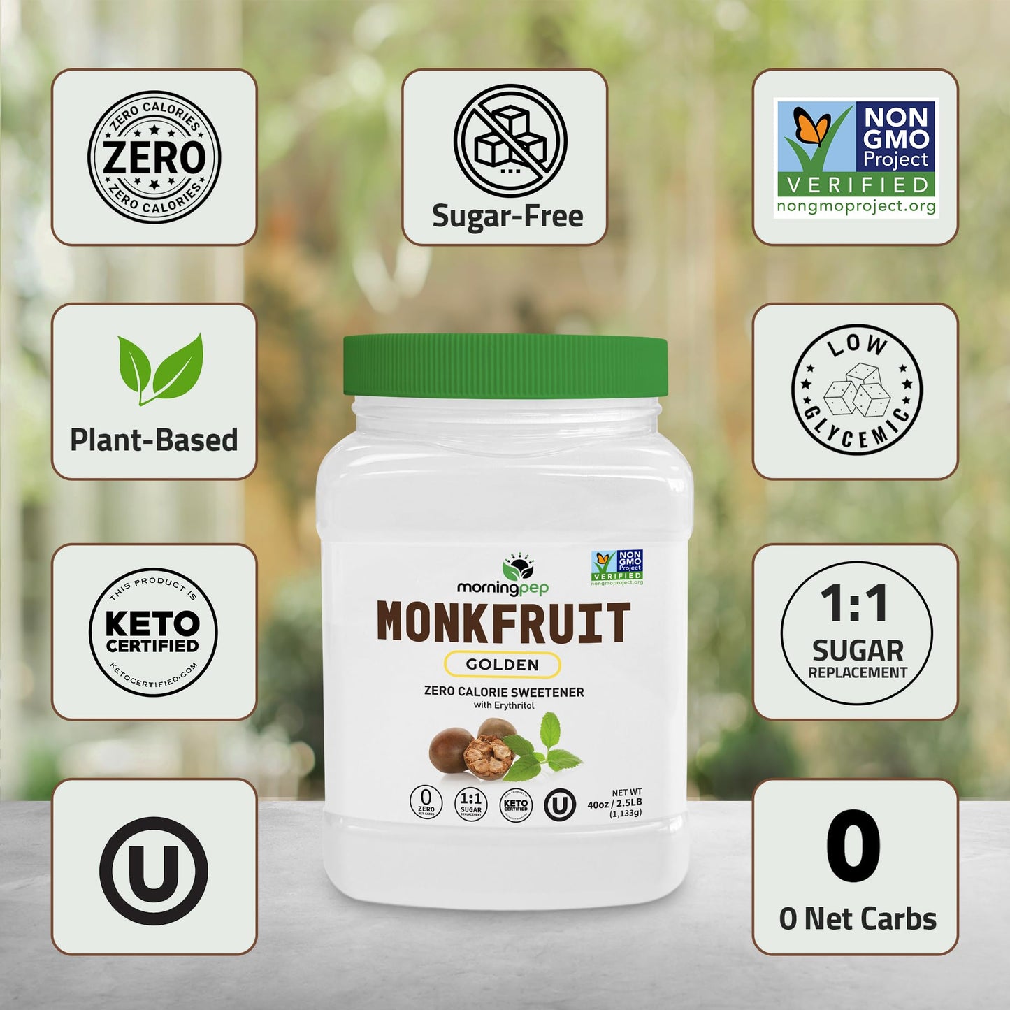 Morning Pep Monk Fruit Sweetener, golden Sugar Substitute, 2.5 lb, Keto Friendly, 1:1 Sugar Replacement, Zero Calorie, Non-GMO, Kosher, Golden - 2.5 lb