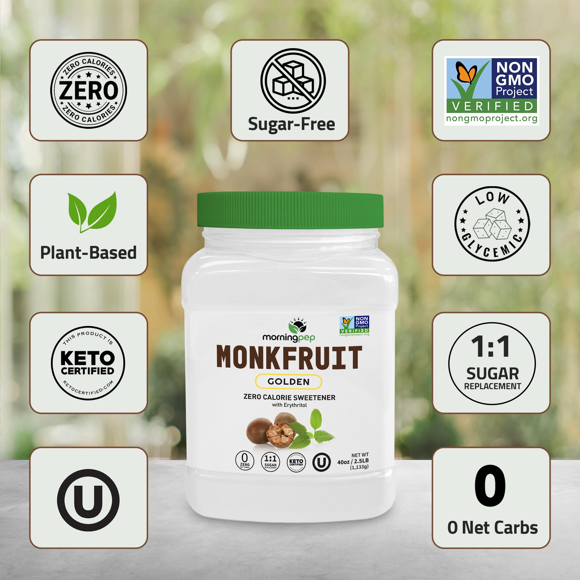 Morning Pep Monk Fruit Sweetener, golden Sugar Substitute, 2.5 lb, Keto Friendly, 1:1 Sugar Replacement, Zero Calorie, Non-GMO, Kosher, Golden - 2.5 lb
