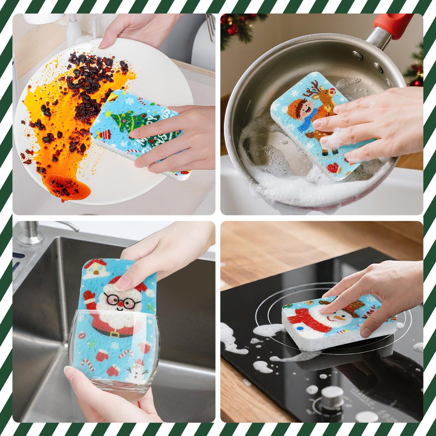 Christmas Theme Kitchen Sponge (12Pack) - Wood Pulp & Coconut Scrubber Sponges, High-Absorption Dishwashing Sponge with Festive Designs, Strong