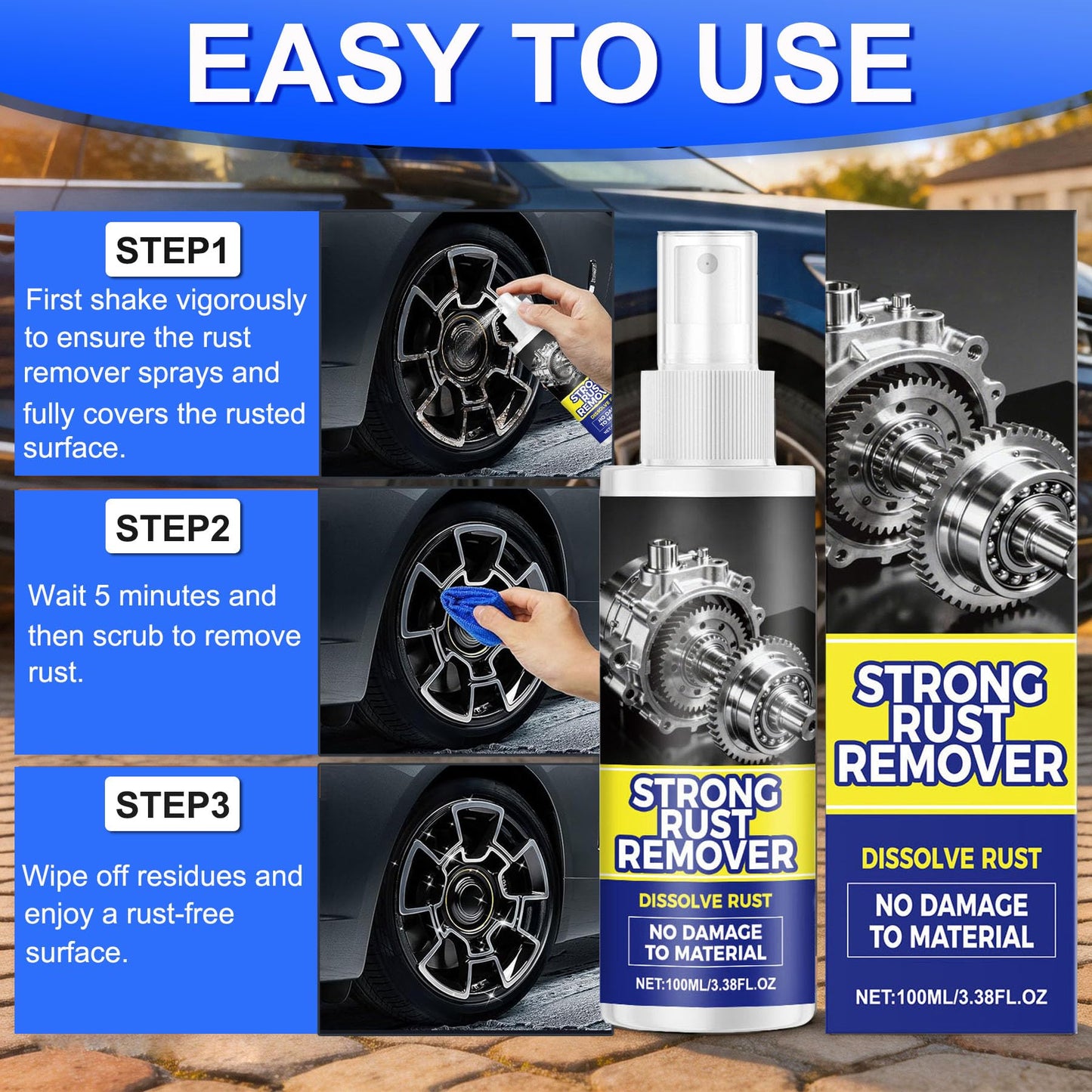 Upgrade Rust Remover Set for Metal, with Cleaning Cloth and Sponge, Heavy Duty Metal Cleaner for Vehicles, Tools, Chains, Multipurpose Iron Out Rust