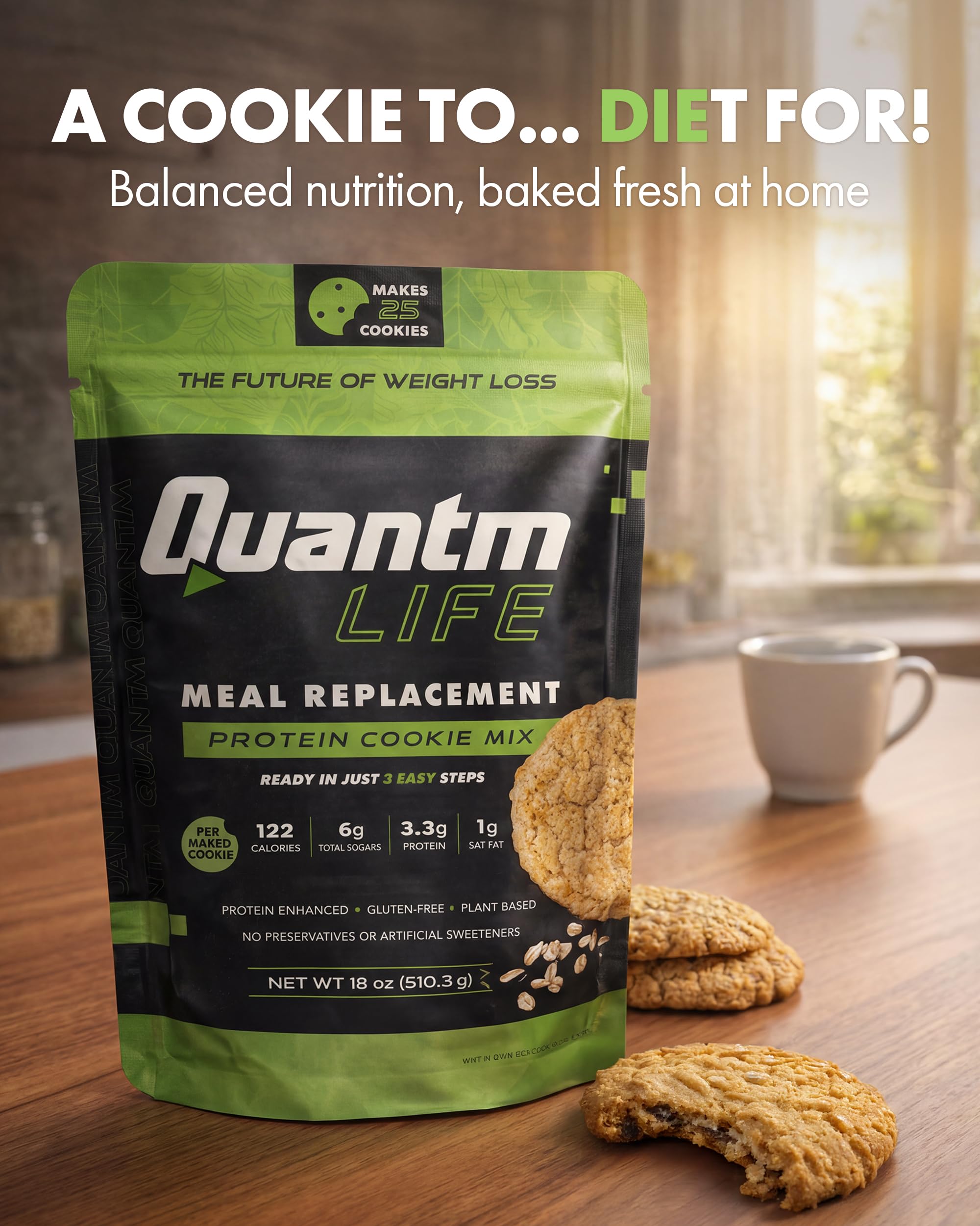 Quantm Life Cookie Mix, Gluten Free, Plant-Based Meal Replacement Plan with Hemp Protein, Rich in Fiber, Low in Sugar, No Preservatives or Artificial Sweeteners, 18 oz, 3 Pack, 2-Week Supply
