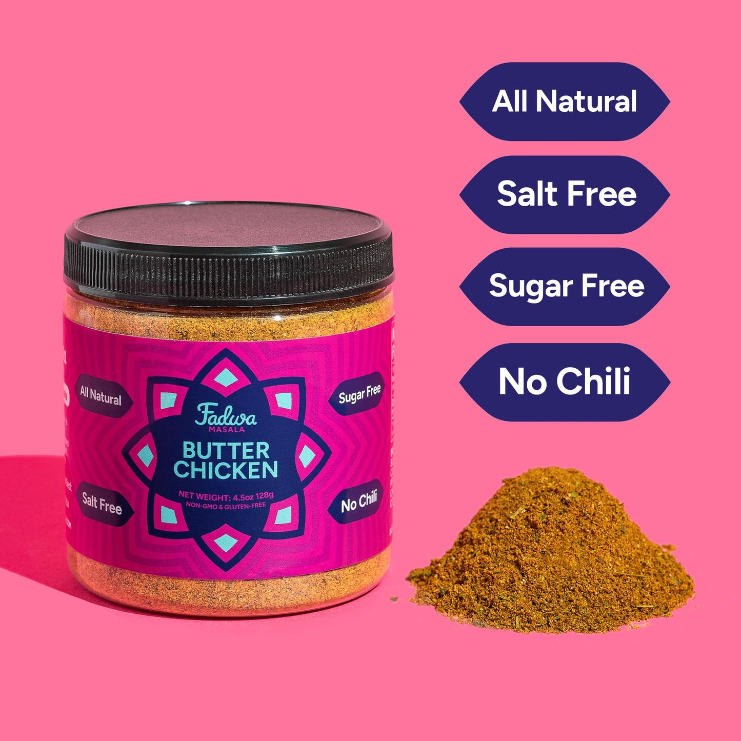 Fadwa Masala Butter Chicken Spice Mix - 4.5 oz Jar, Salt & Sugar Free, Non-Spicy Authentic Desi Spices for Pakistani & Indian Cooking, Curry, Garam