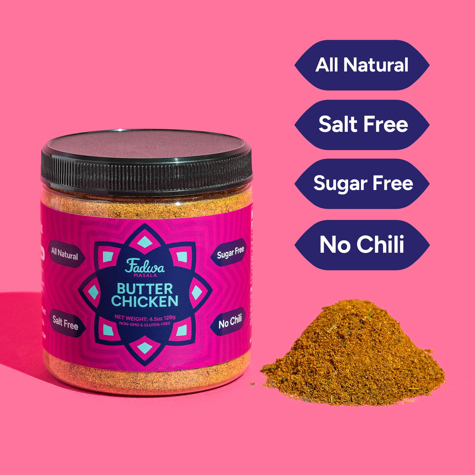 Fadwa Masala Butter Chicken Spice Mix - 4.5 oz Jar, Salt & Sugar Free, Non-Spicy Authentic Desi Spices for Pakistani & Indian Cooking, Curry, Garam