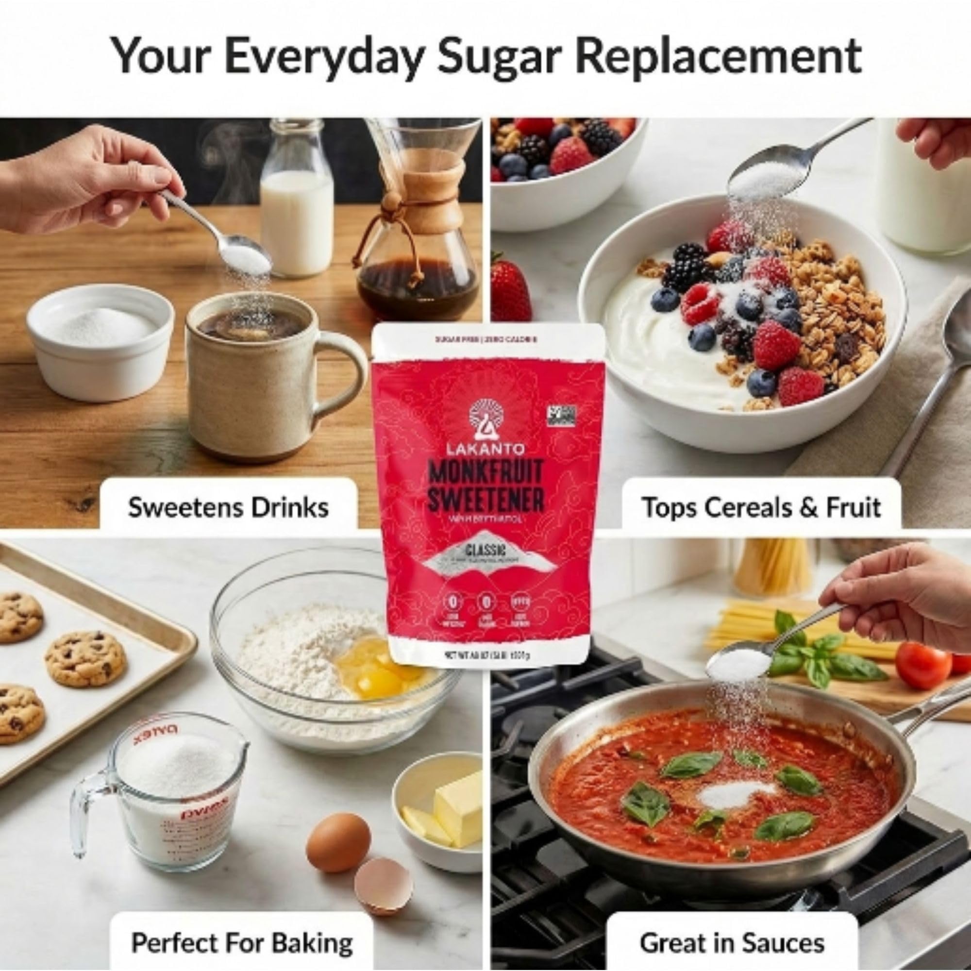 Lakanto Monk Fruit Sweetener With Erythritol, White Sugar Substitute From Monk Fruit Extract, Classic White Sugar Replacement for Baking, Coffee & Tea, Gluten Free, Low Carb, Non GMO, Keto, 1 LB Bag