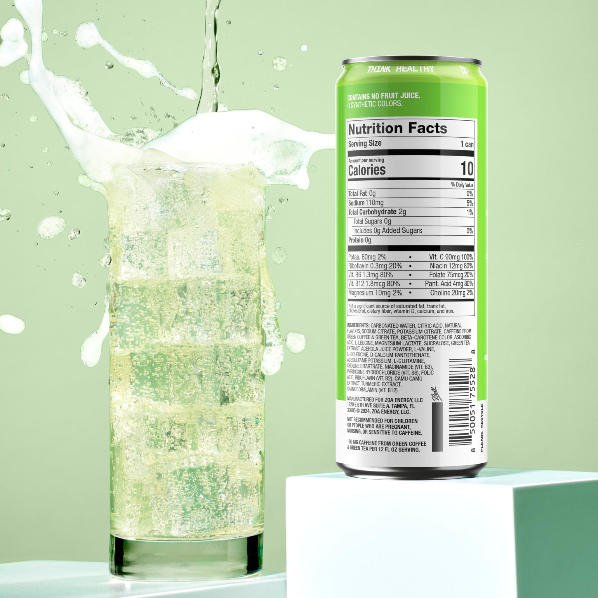 ZOA GREEN APPLE Sugar Free, Low Calorie Energy Drinks | Healthy B & C Vitamins | Electrolytes for Hydration | 160mg Caffeine from Green Tea | 12 Fl Oz