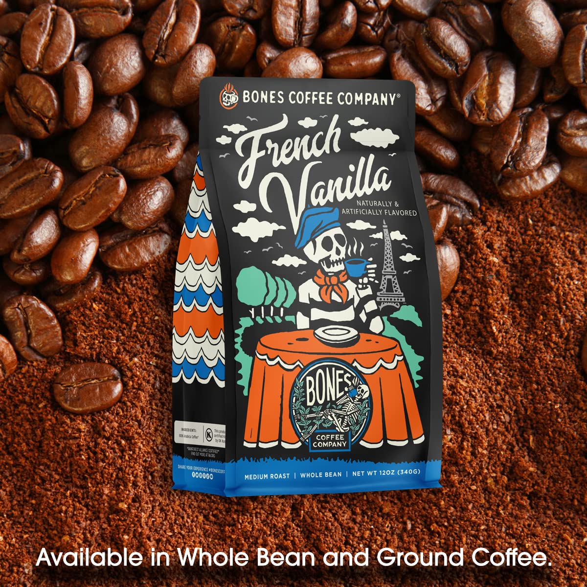 Bones Coffee Company French Vanilla, Creamy Vanilla Flavored Coffee, Medium Roast Low Acid Arabica Beans Compatible with Auto drip and French Press