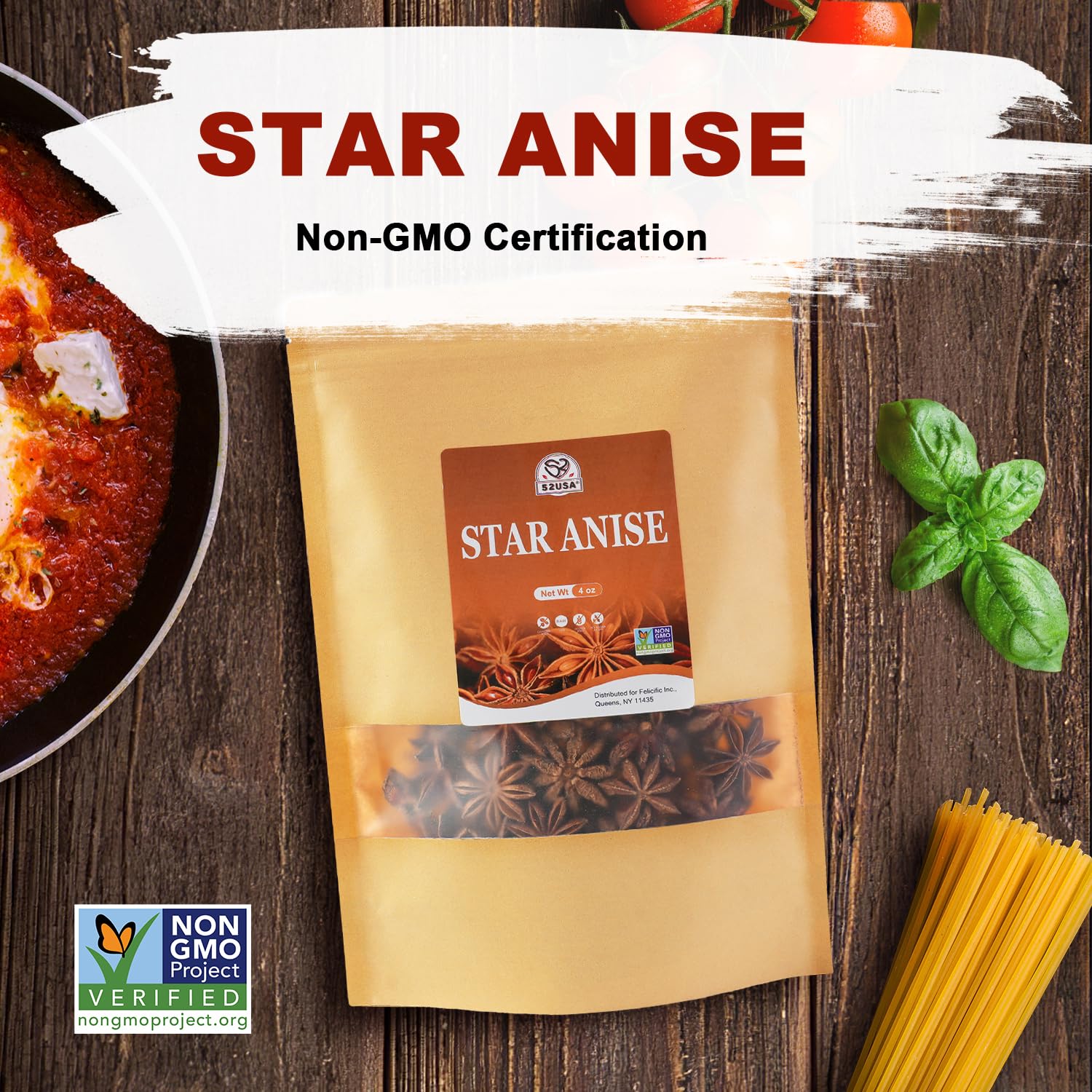 52USA Star Anise Whole, 4 Ounce (Pack of 1), NON-GMO Verified Chinese Star Anise Whole, Dried Star Anises Pods for Tea and baking