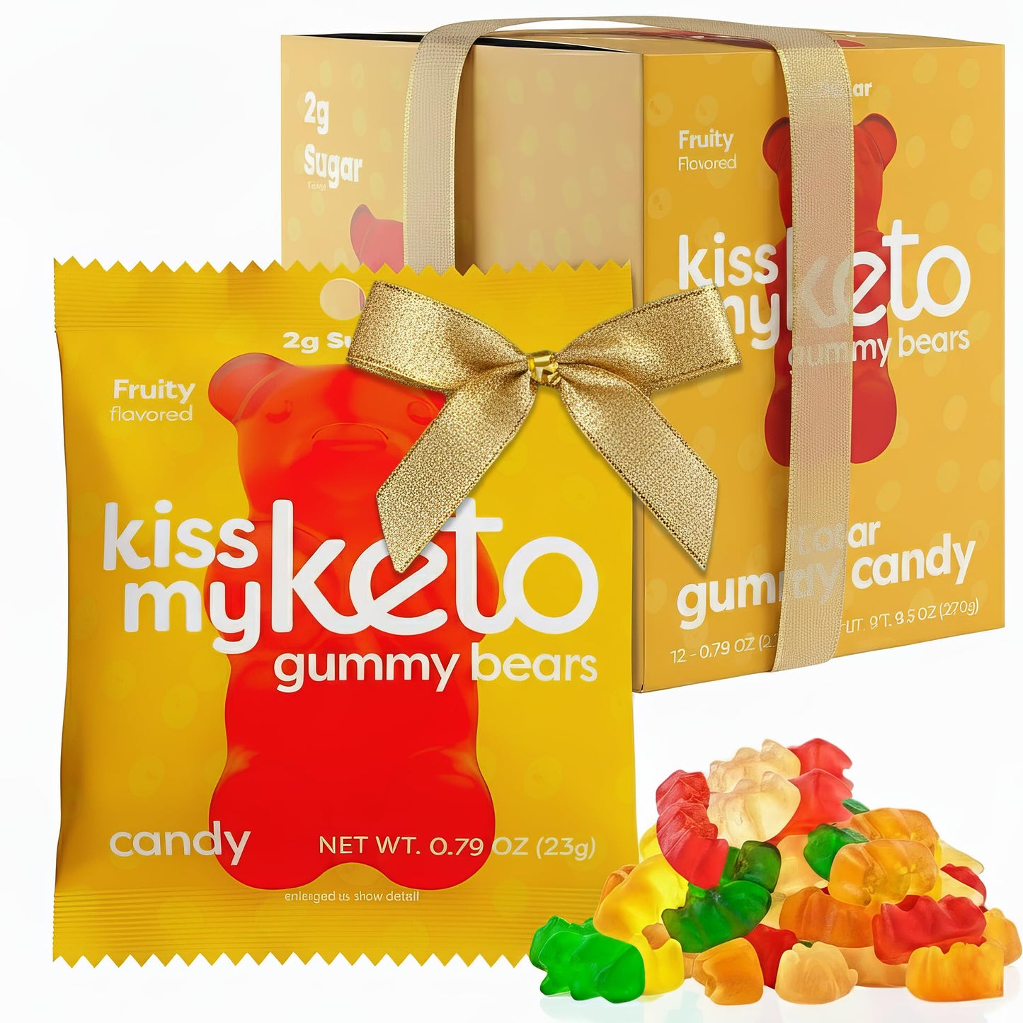 Kiss My Keto Sugar Free Gummy Bears, 12-Pack - Satisfy Cravings while Staying in Ketosis - High Fiber, 3g Net Carbs, Non-GMO & No Gluten - Fruity