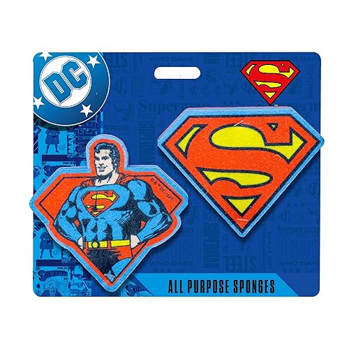 Spoontiques Superman Premium Sponge Set - 2-Pack Multi-Purpose Cleaning Sponges - Dual-Sided Non-Scratch Scrub & Absorbent Wipe - Durable, Reusable