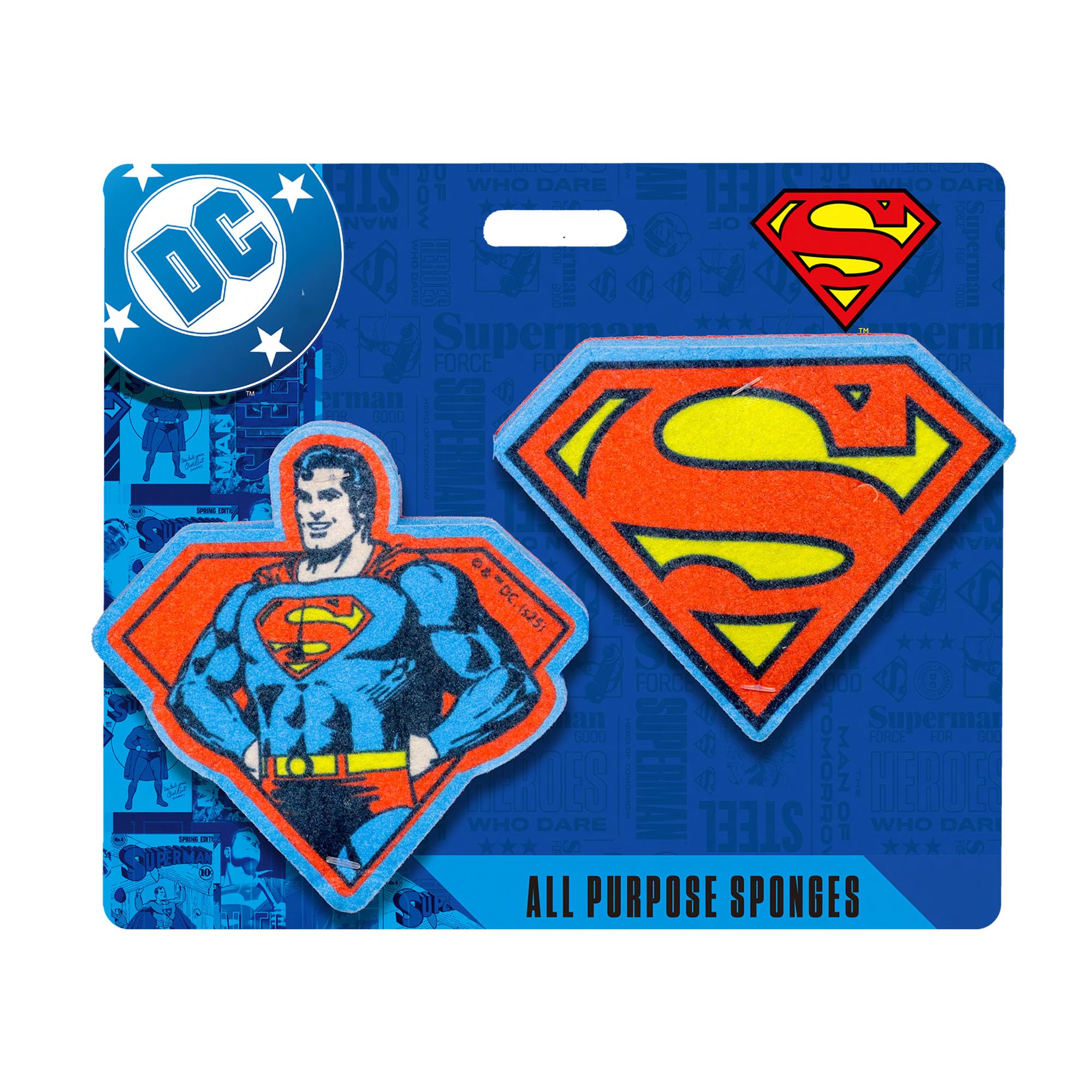 Spoontiques Superman Premium Sponge Set - 2-Pack Multi-Purpose Cleaning Sponges - Dual-Sided Non-Scratch Scrub & Absorbent Wipe - Durable, Reusable