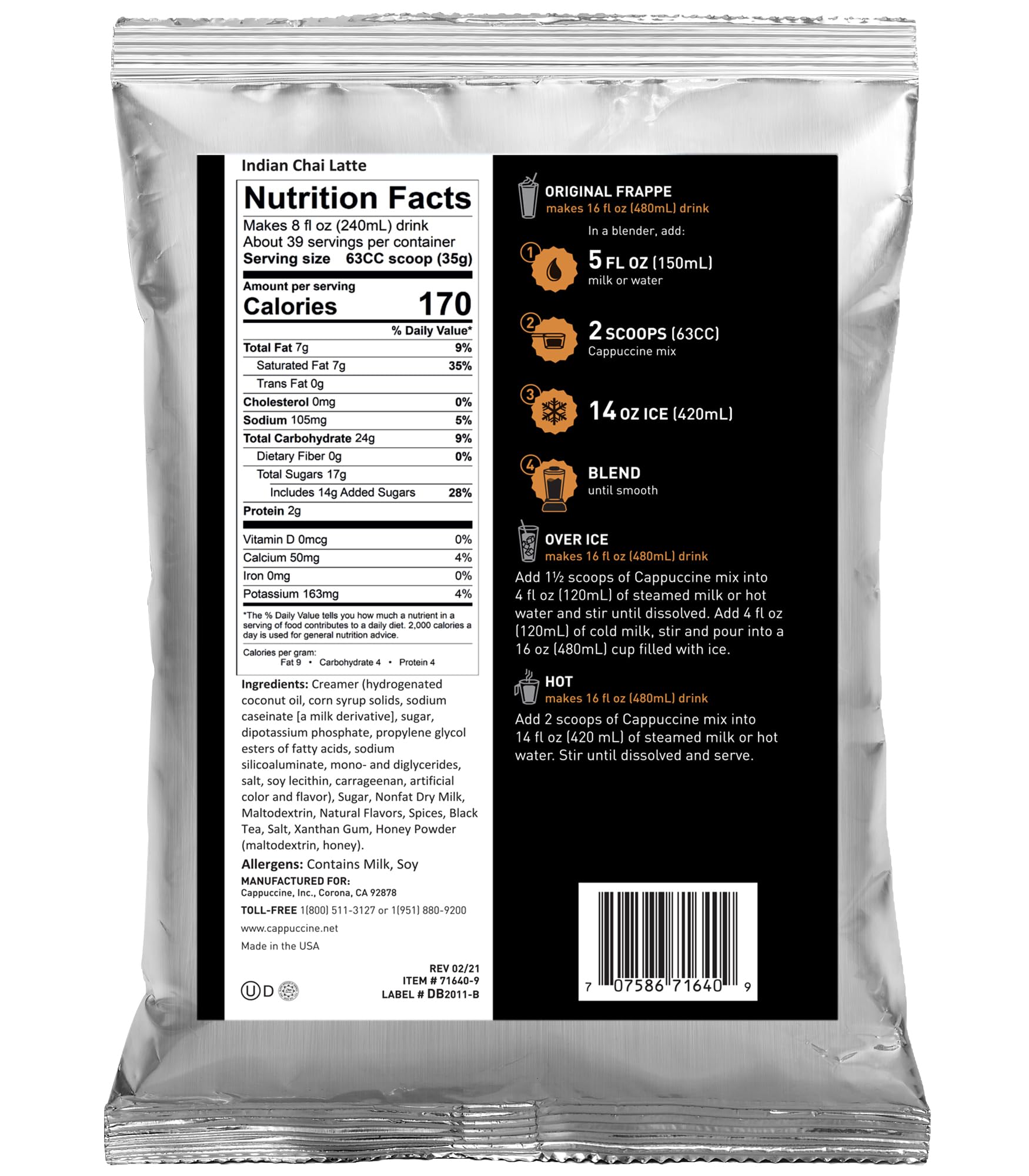 Cappuccine Indian Chai Latte Frappe Mix, 3 Pound (Pack of 1)