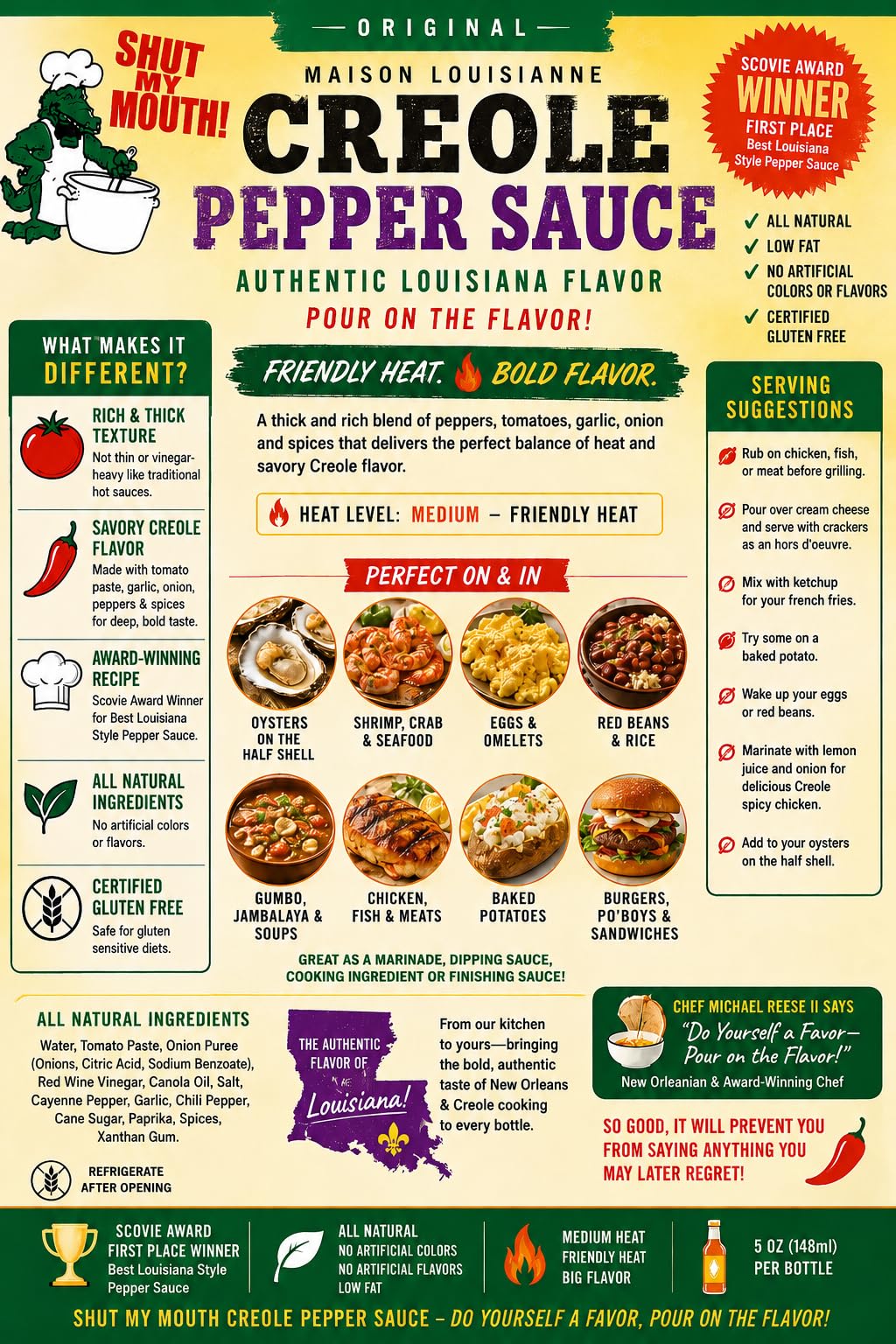 Maison Louisianne Creole Pepper Sauce, Award-Winning Louisiana Style Hot Sauce, Medium Heat, Rich & Savory Creole Flavor, Gluten Free, Great