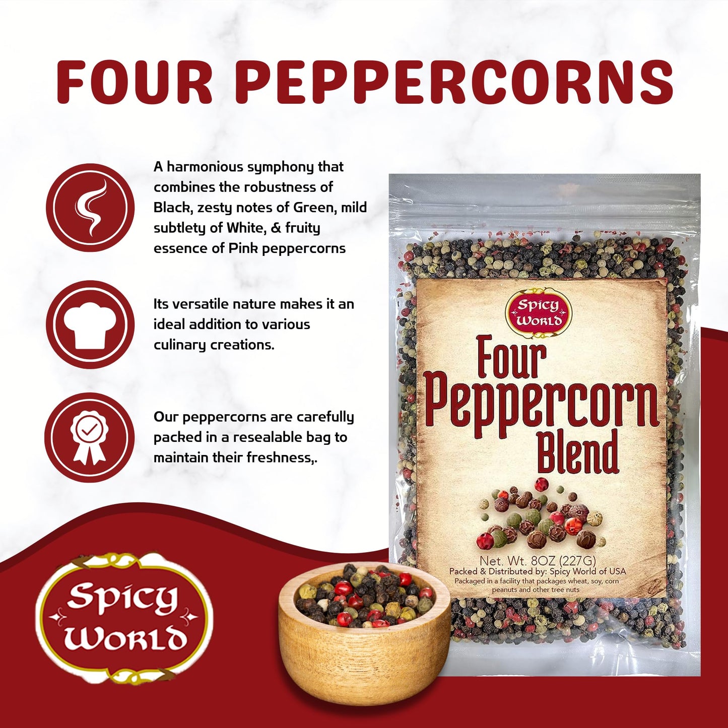 Spicy World Four Peppercorn Rainbow Blend in Resealable Bag - Perfect Flavor Blend - NON-GMO, Steam Sterilized - Whole Black, Whole Green, Whole White