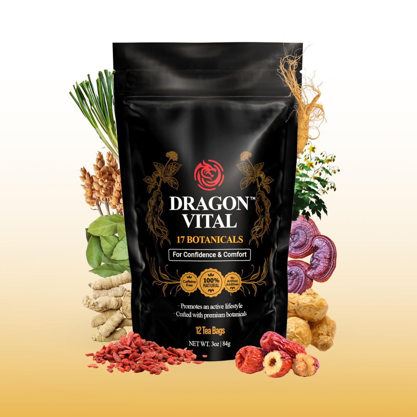 Dragon Vital Herbal Tea with Ginseng & Maca - Natural Energy Support | Caffeine-Free Botanical Blend for Vitality & Active Living | All natural