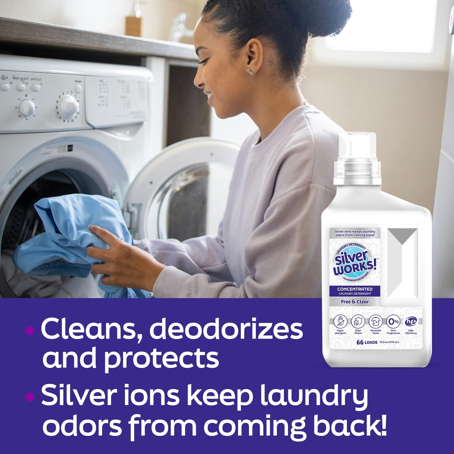 SilverWorks! Powerful Odor Eliminating Laundry Detergent Liquid, Silver Ion Deodorizer Technology, Laundry Odor Eliminator For Clothes, Cleans