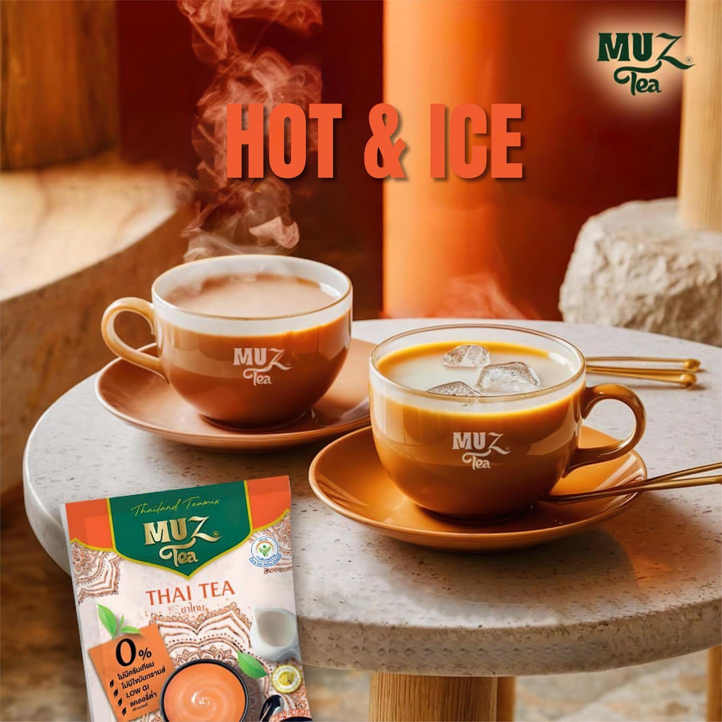 MuzTea Thai Tea Mix Milk Tea Powder 3 in 1 Instant Thai Tea Drink Packets Authentic Assam Tea Leaves For Hot Ice Tea, No Artificial Color 15 Sachets