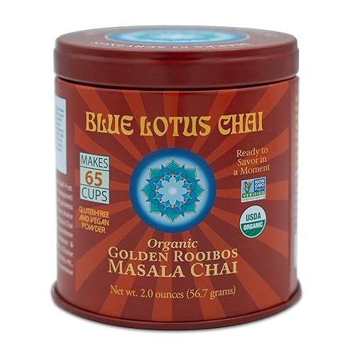 Blue Lotus Chai - Golden Rooibos Flavor Masala Chai - Makes 65 Cups - 2 Ounce Masala Spiced Chai Powder with Organic Spices - Instant Indian Tea No