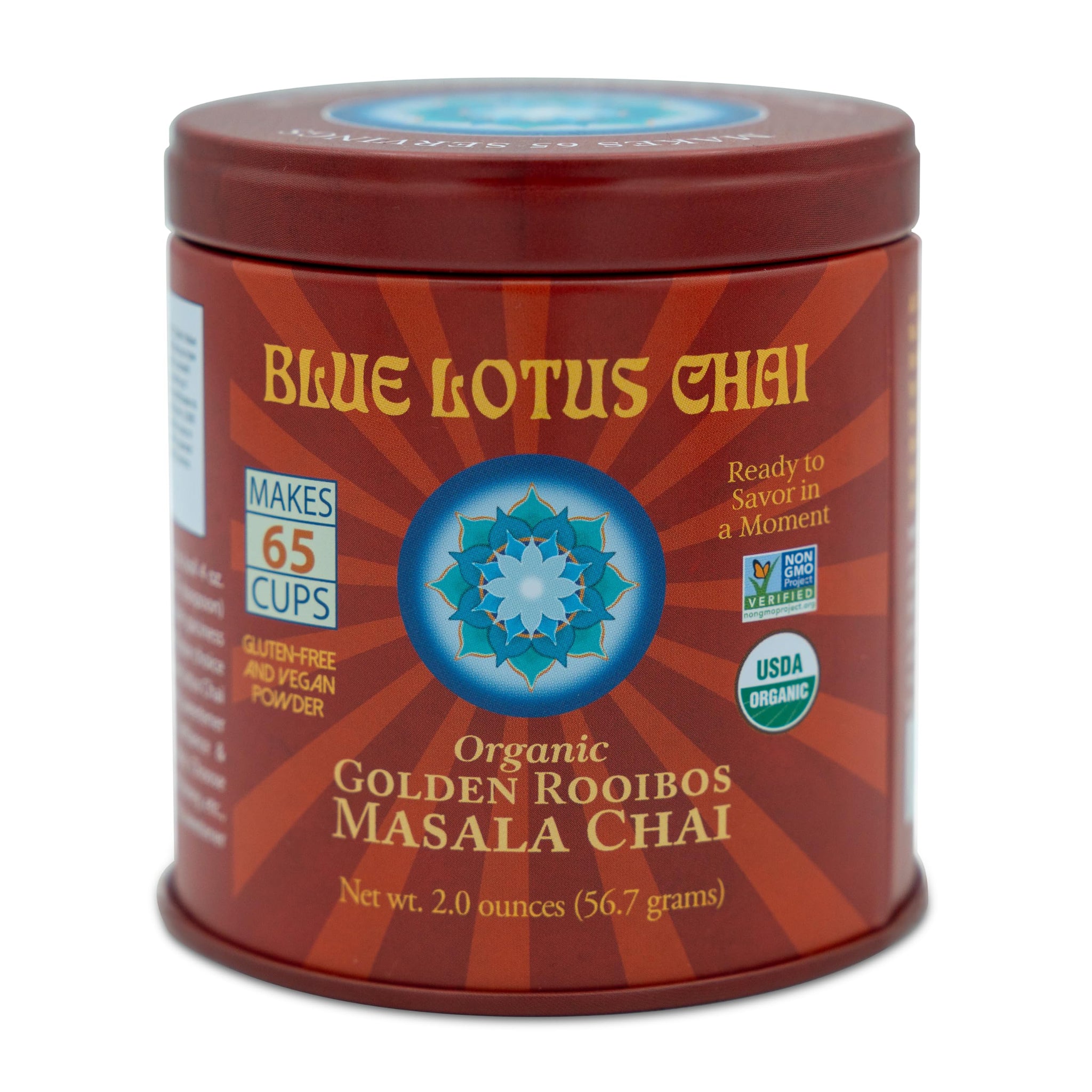 Blue Lotus Chai - Golden Rooibos Flavor Masala Chai - Makes 65 Cups - 2 Ounce Masala Spiced Chai Powder with Organic Spices - Instant Indian Tea No