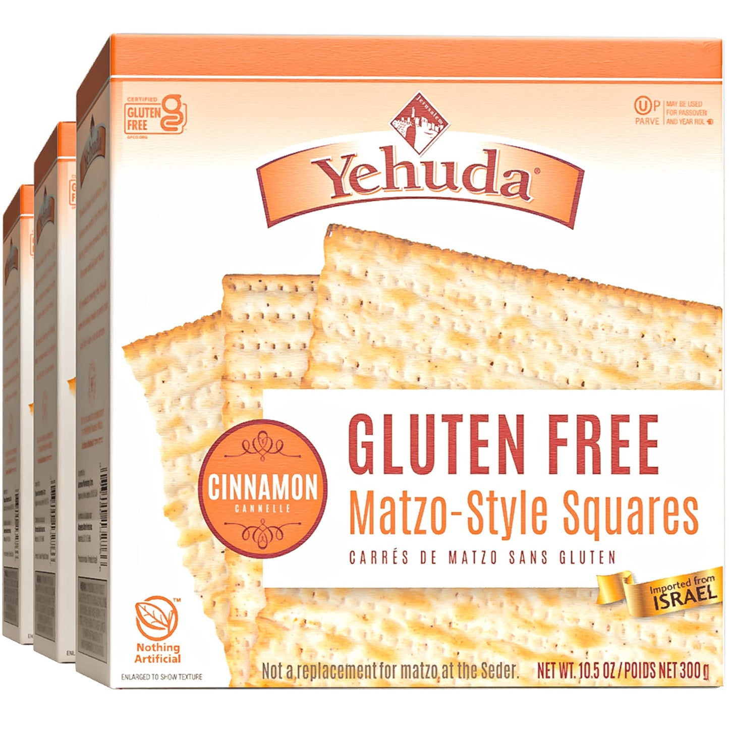 Yehuda Gluten Free Cinnamon Matzo, 10.5oz (3 Pack) Gluten Gree Matzo Style Crackers with Cinnamon | Thin, Crips and Airy | Product of Israel