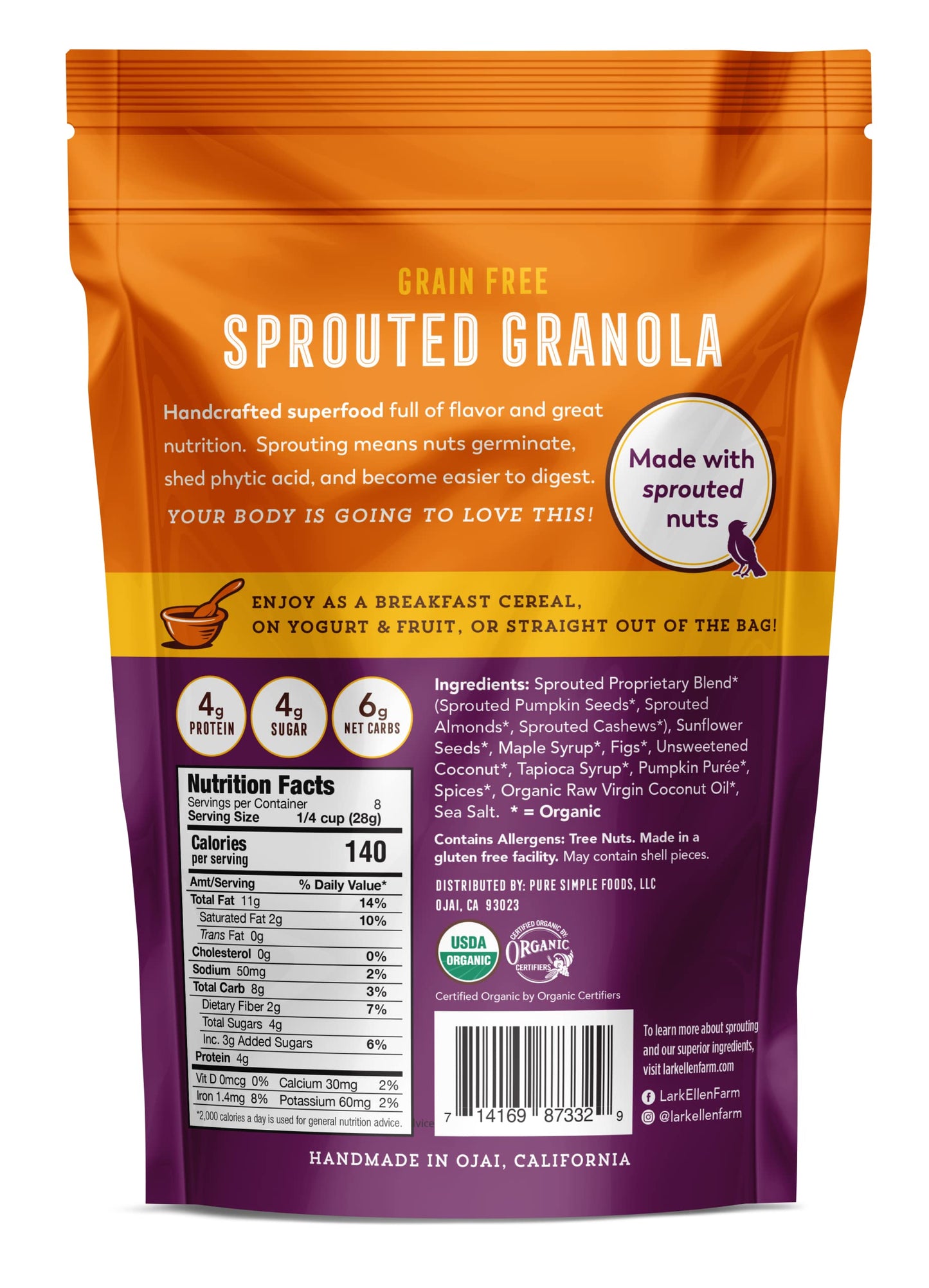 Lark Ellen Farm Grain-Free Granola, Certified Organic Raw Sprouted Vegan Clusters, Paleo & Crunchy Gluten-Free Bites for Cereal or Yogurt, Pumpkin